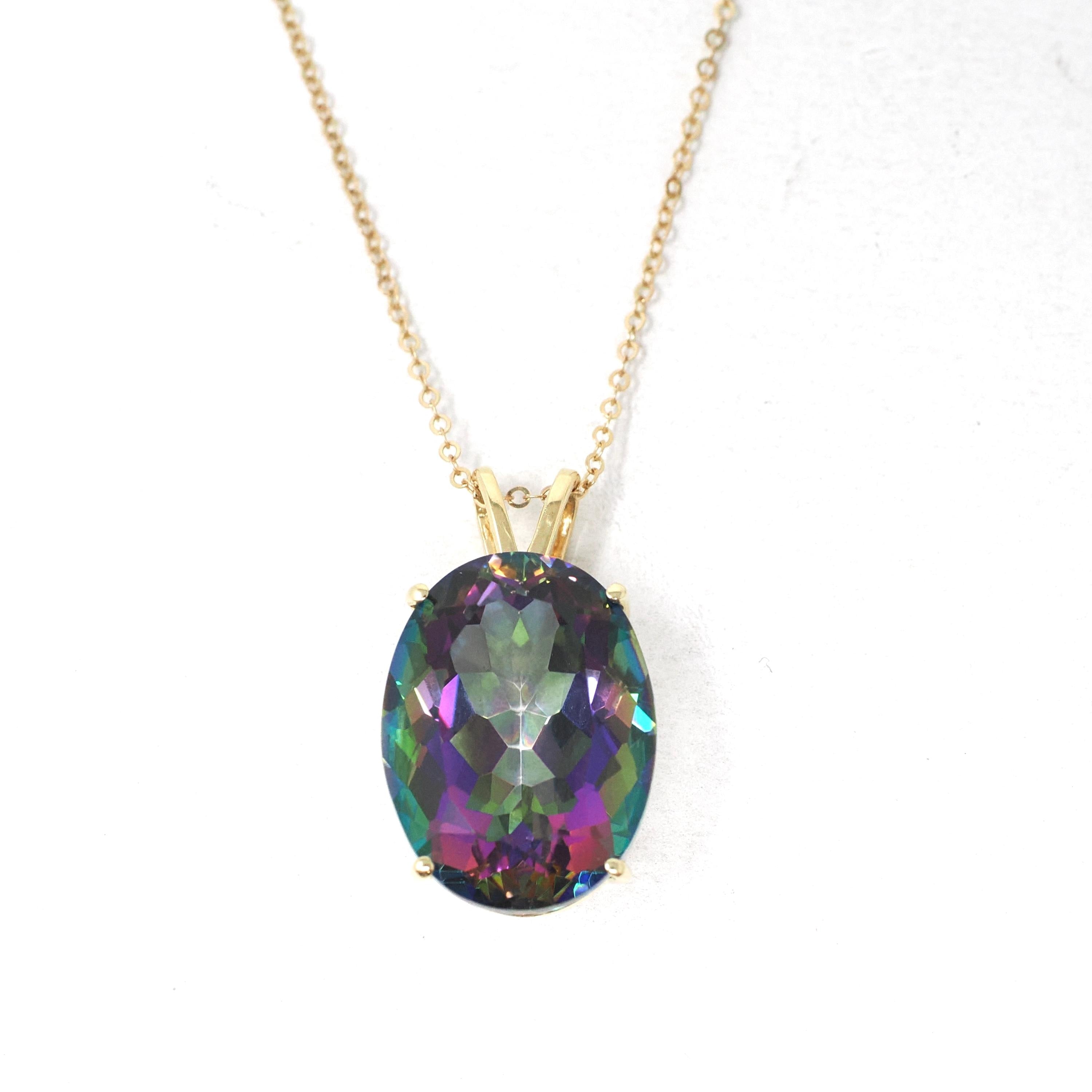 Mystic Topaz Pendant - Estate 14k Yellow Gold Oval Faceted 22.72 CT Rainbow Gem - Modern Circa 2000's Era Statement Necklace Fine Jewelry
