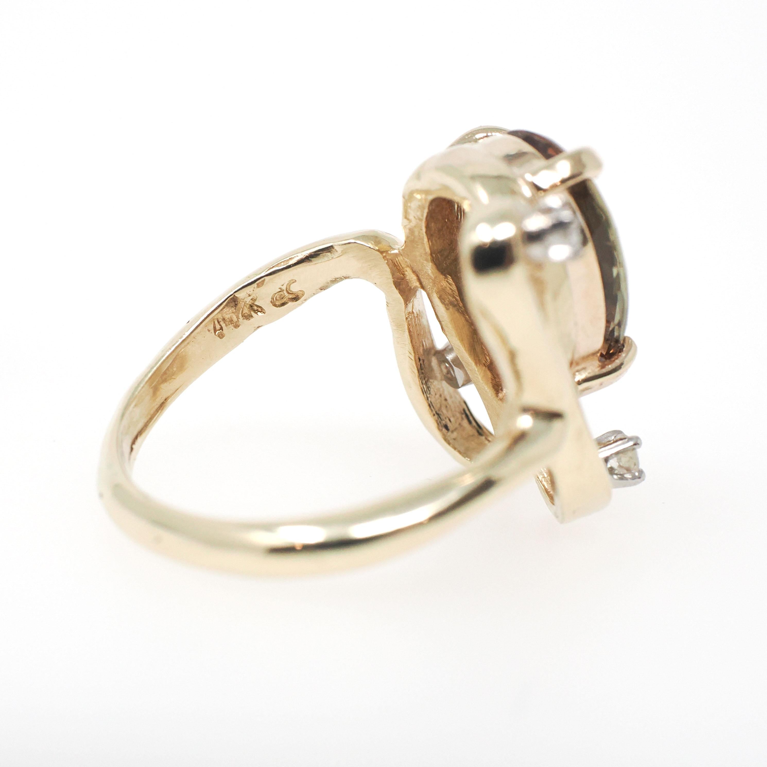 Vintage Andalusite Ring - Retro 14k Yellow Gold Freeform Pleochroic Gemstone Natural Diamonds - Circa 1970s Green Orange Size 5 1/2 Jewelry