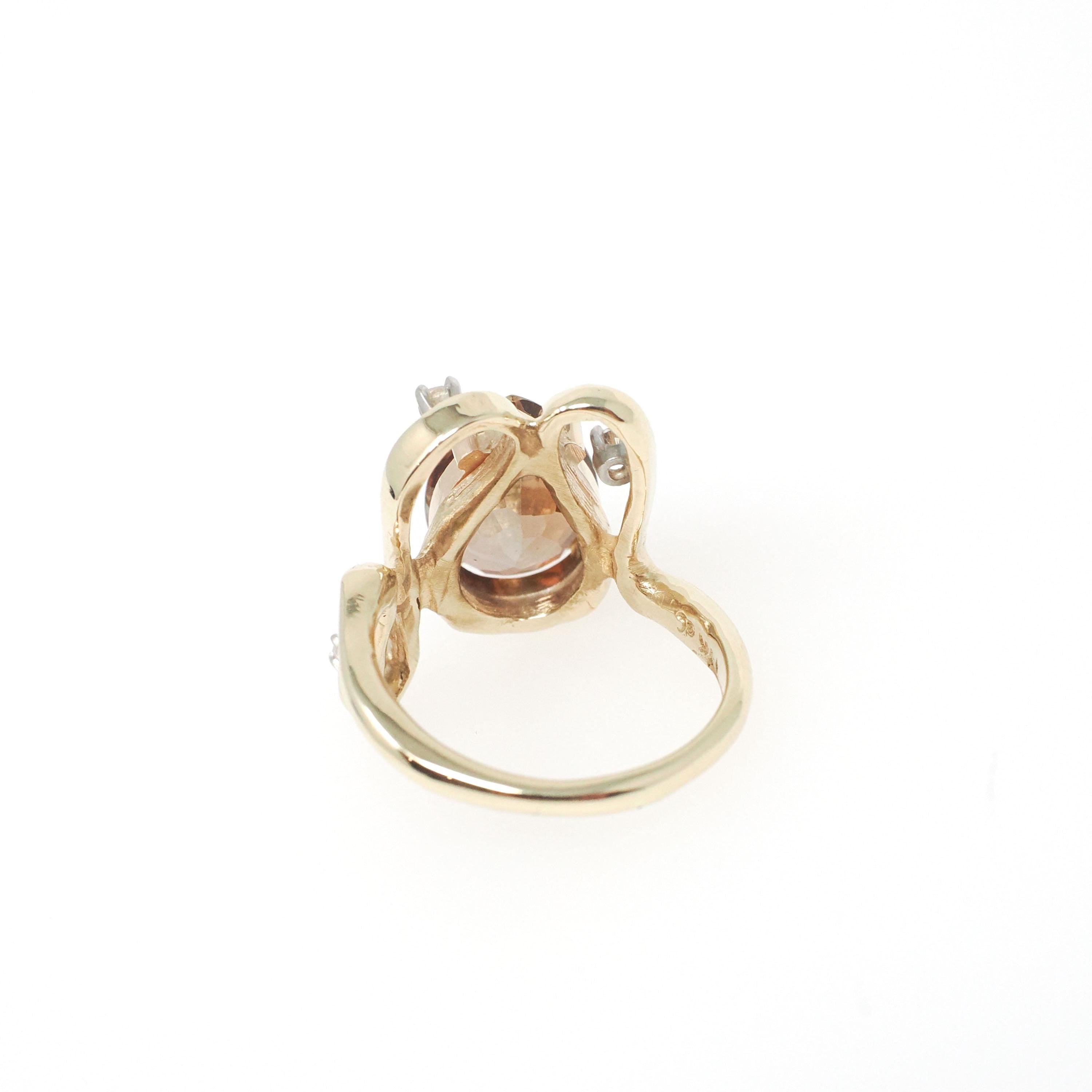 Vintage Andalusite Ring - Retro 14k Yellow Gold Freeform Pleochroic Gemstone Natural Diamonds - Circa 1970s Green Orange Size 5 1/2 Jewelry