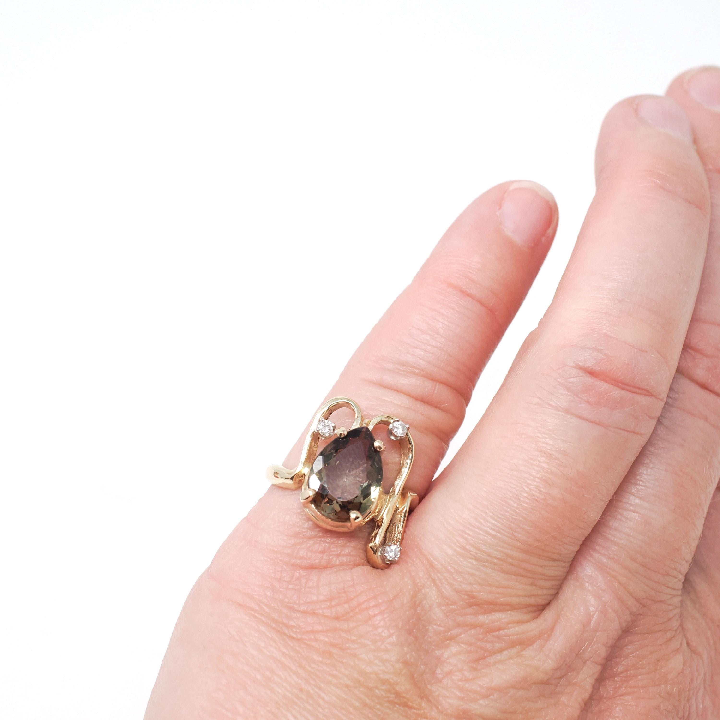 Vintage Andalusite Ring - Retro 14k Yellow Gold Freeform Pleochroic Gemstone Natural Diamonds - Circa 1970s Green Orange Size 5 1/2 Jewelry