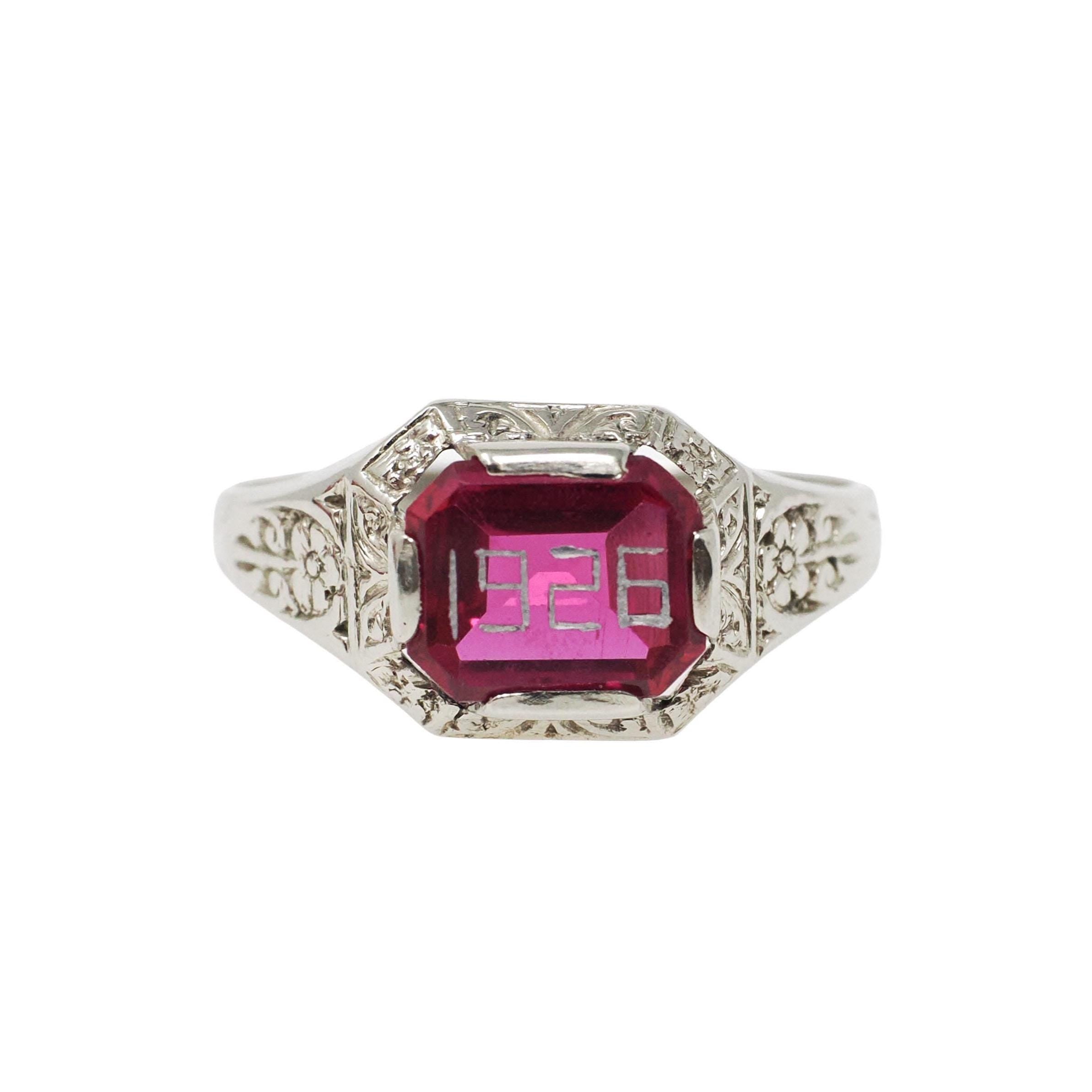 Art Deco "1926" Ring - Antique 14k White Gold Created Ruby Gemstone - Vintage Circa 1920s Size 6 3/4 July Birthstone Flowers Fine Jewelry