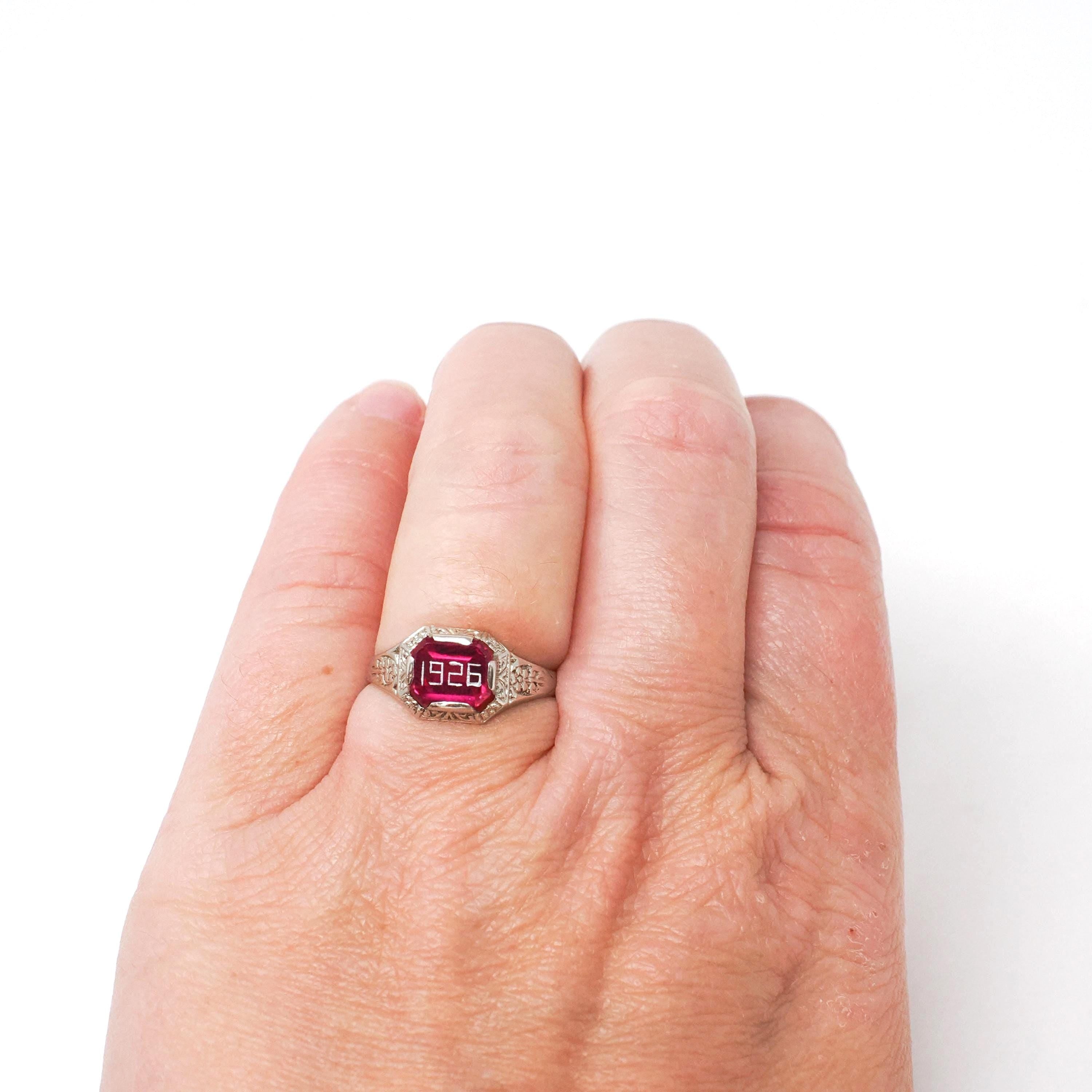 Art Deco "1926" Ring - Antique 14k White Gold Created Ruby Gemstone - Vintage Circa 1920s Size 6 3/4 July Birthstone Flowers Fine Jewelry