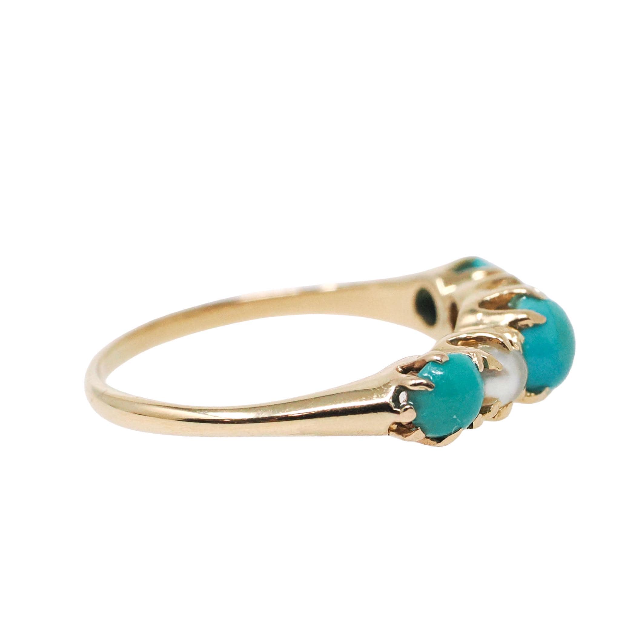 Turquoise & Pearl Ring - Edwardian 14k Yellow Gold Natural Blue Cultured White Gems - Antique Circa 1900s Era Dainty Size 3 3/4 Fine Jewelry