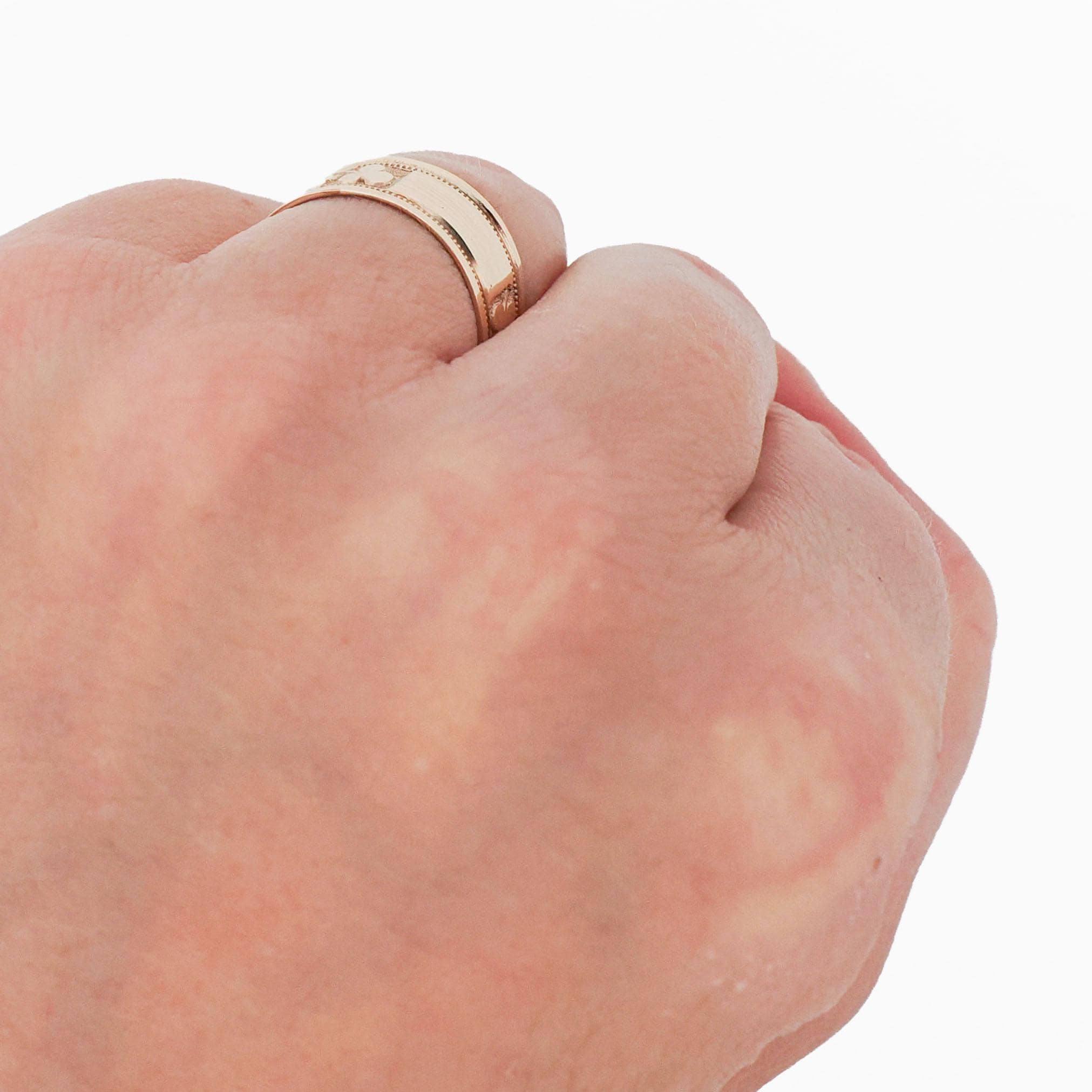 Antique Cigar Band - Edwardian 10k Rosy Yellow Gold Nature Clover Designs Wide Ring - Vintage Circa 1900s Era Size 8 1/4 Unisex Fine Jewelry