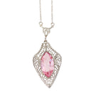 Art Deco Lavalier - Vintage 10k White Gold Simulated Pink Sapphire Necklace Pendant Charm - Circa 1930s Era Glass Marquise Fine 30s Jewelry