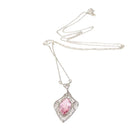 Art Deco Lavalier - Vintage 10k White Gold Simulated Pink Sapphire Necklace Pendant Charm - Circa 1930s Era Glass Marquise Fine 30s Jewelry