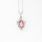 Art Deco Lavalier - Vintage 10k White Gold Simulated Pink Sapphire Necklace Pendant Charm - Circa 1930s Era Glass Marquise Fine 30s Jewelry
