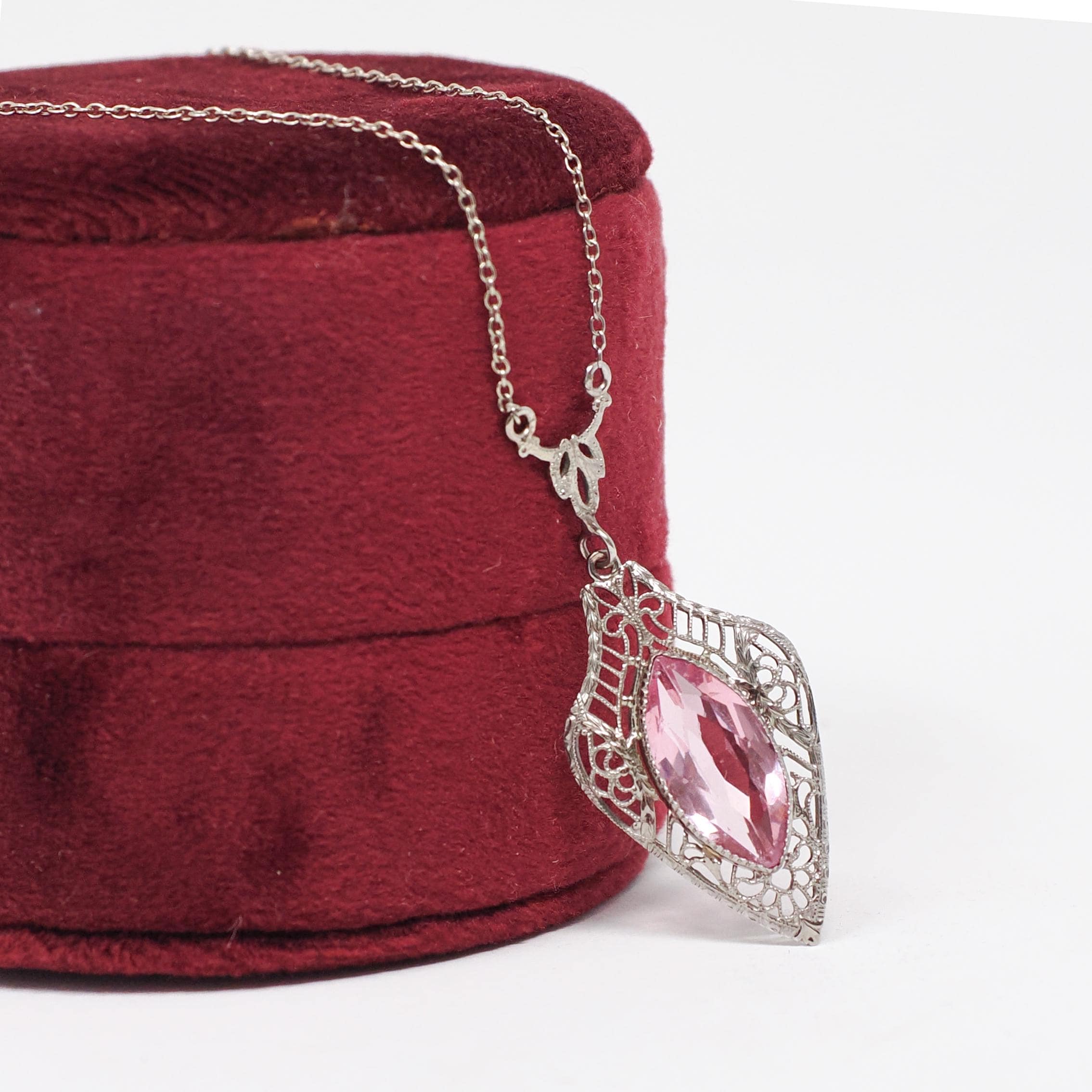 Art Deco Lavalier - Vintage 10k White Gold Simulated Pink Sapphire Necklace Pendant Charm - Circa 1930s Era Glass Marquise Fine 30s Jewelry