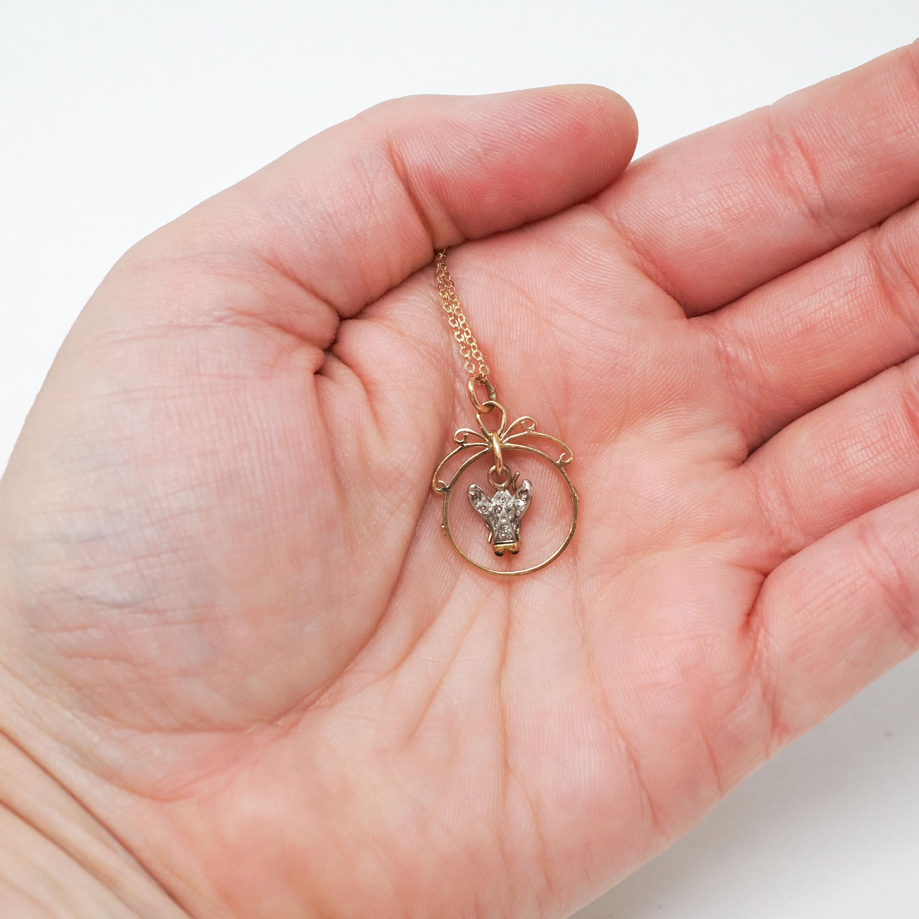 Antique Fly Charm - Georgian Victorian 18k Yellow Gold Sterling Silver Natural Diamonds Garnets Pendant Necklace - 19th Century Era Jewelry