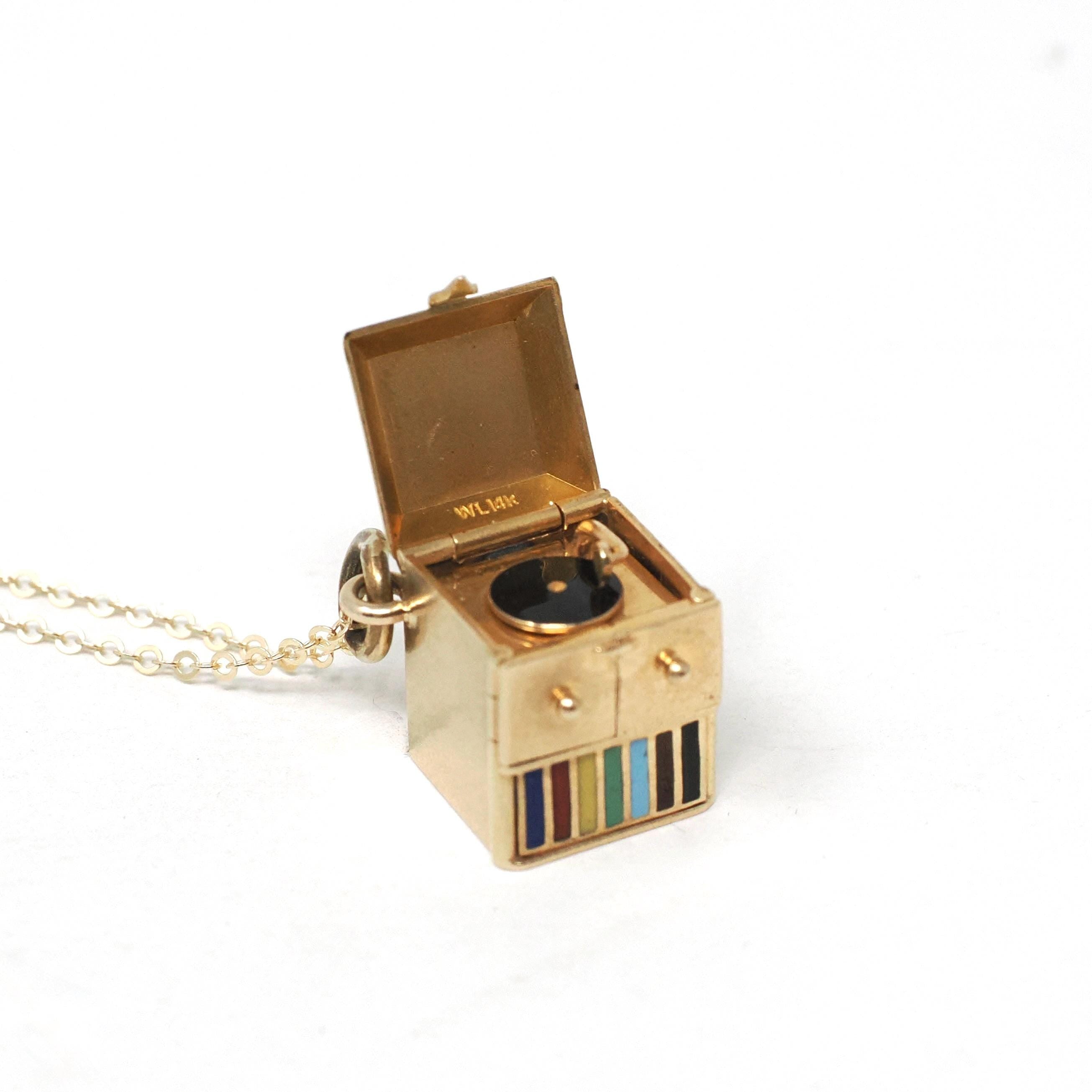 Vintage Record Player Charm - Mid Century 14k Yellow Gold Vinyl Table Pendant Necklace - Circa 1960s Era Music Rainbow Enamel Fine Jewelry