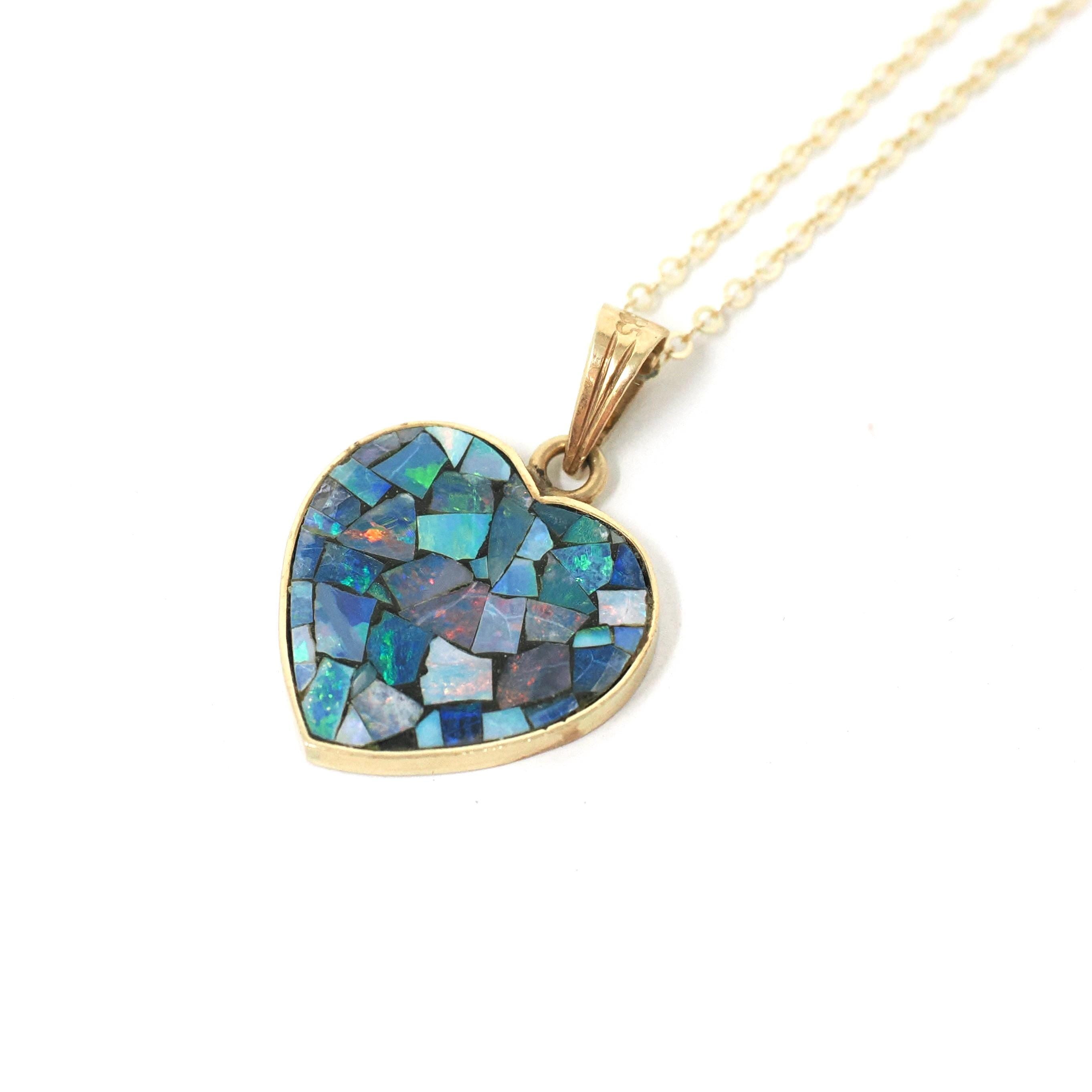 Opal Mosaic Necklace - Modern 14k Yellow Gold Blue Gemstone Pendant Charm - Estate Opal Doublet Statement October Birthstone Fine Jewelry