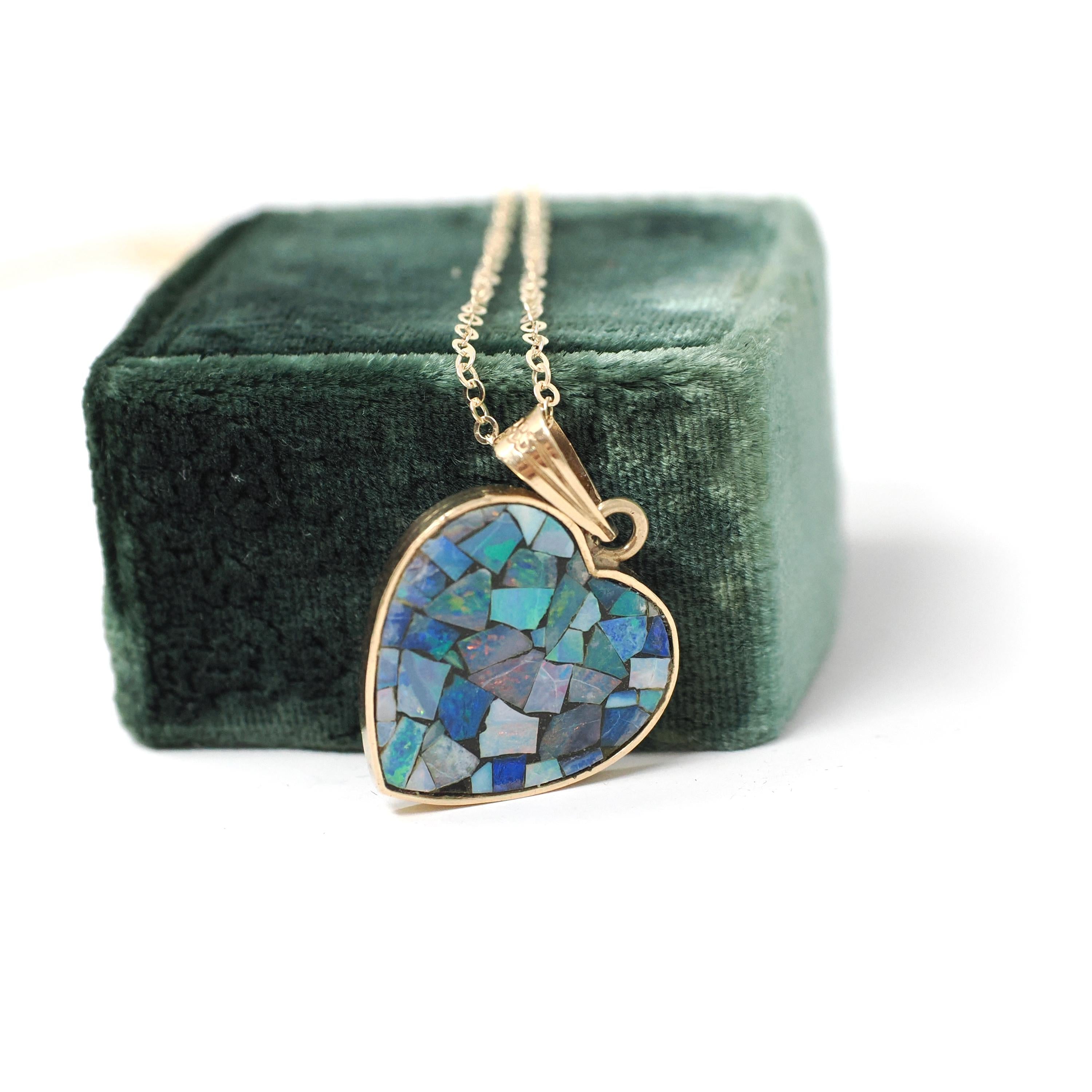 Opal Mosaic Necklace - Modern 14k Yellow Gold Blue Gemstone Pendant Charm - Estate Opal Doublet Statement October Birthstone Fine Jewelry