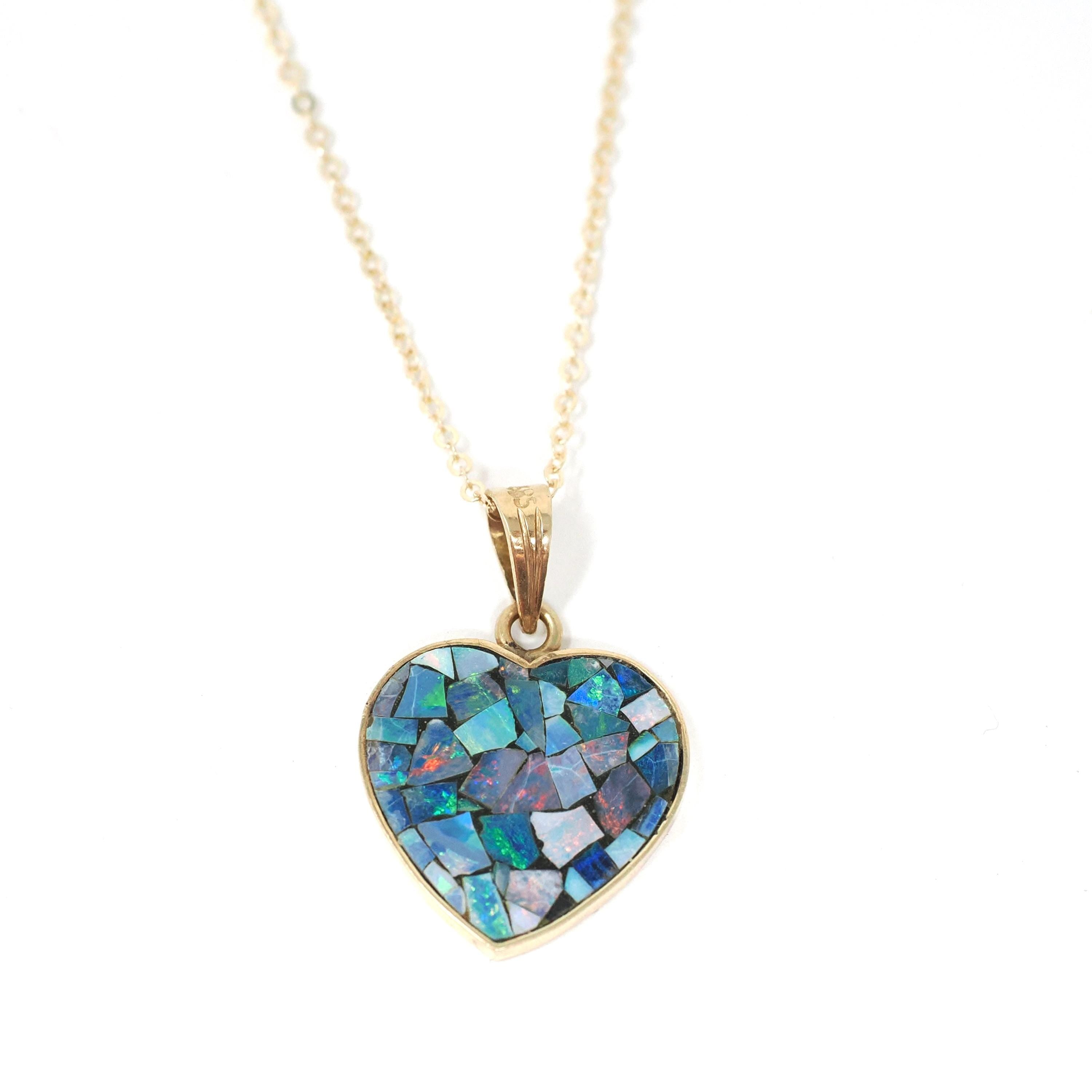 Opal Mosaic Necklace - Modern 14k Yellow Gold Blue Gemstone Pendant Charm - Estate Opal Doublet Statement October Birthstone Fine Jewelry