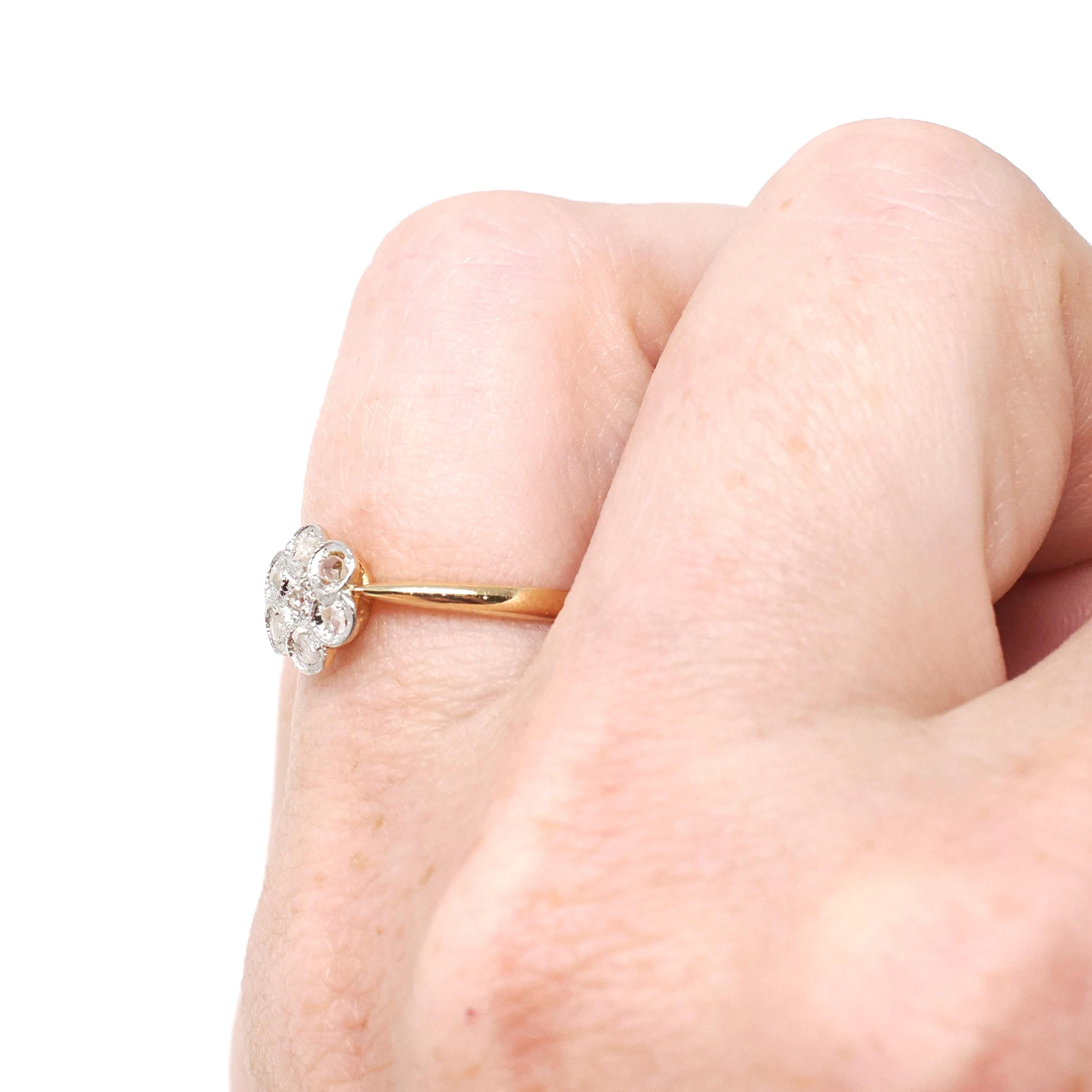 Antique Diamond Flower Ring - Edwardian Era 18k Yellow Gold Platinum .07 CTW Natural Gems - Vintage 1910s Size 5 Two Tone Halo Fine Jewelry