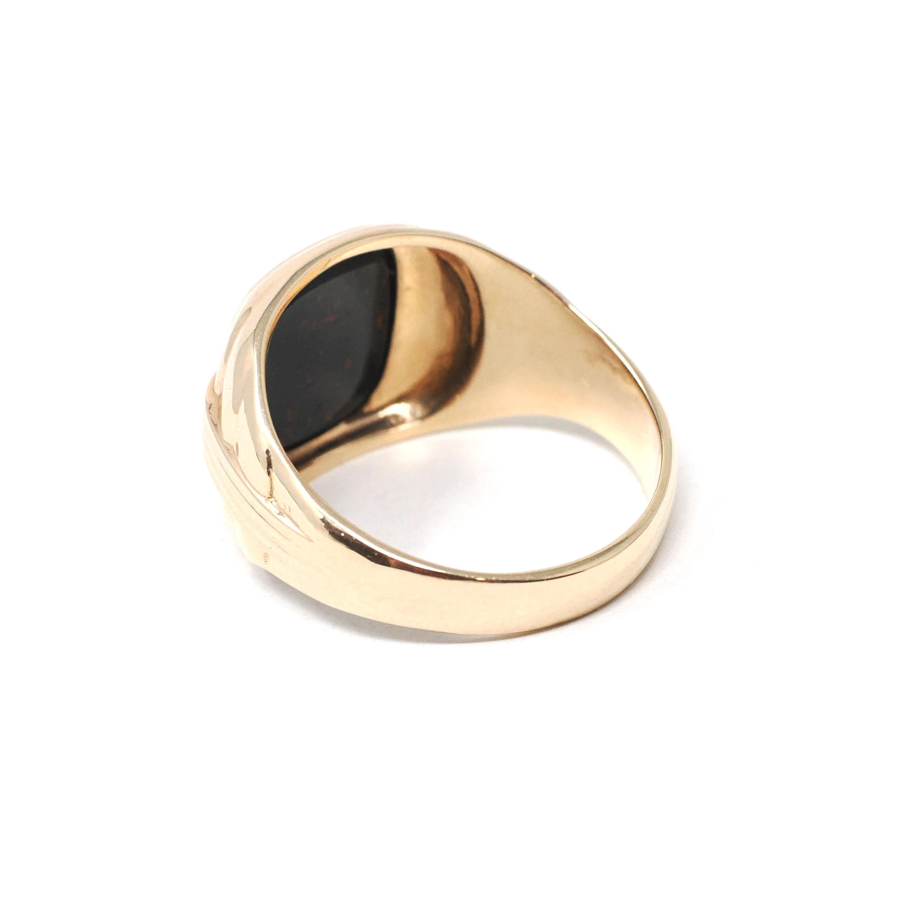 Vintage Bloodstone Ring - Mid Century 10k Yellow Gold Dark Green Oxblood Red Gemstone - Circa 1950s Size 12 1/2 Men's Unisex Fine Jewelry