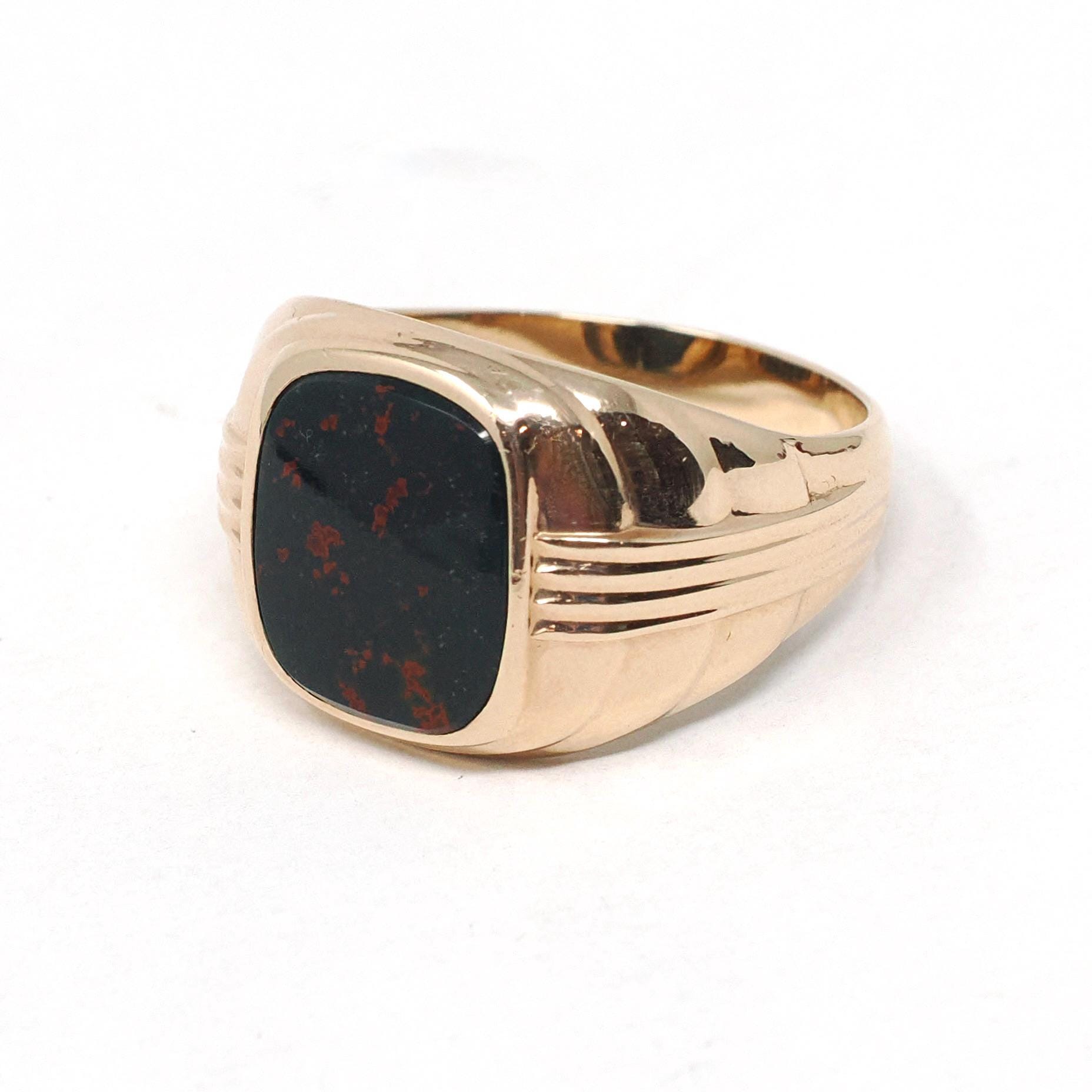 Vintage Bloodstone Ring - Mid Century 10k Yellow Gold Dark Green Oxblood Red Gemstone - Circa 1950s Size 12 1/2 Men's Unisex Fine Jewelry