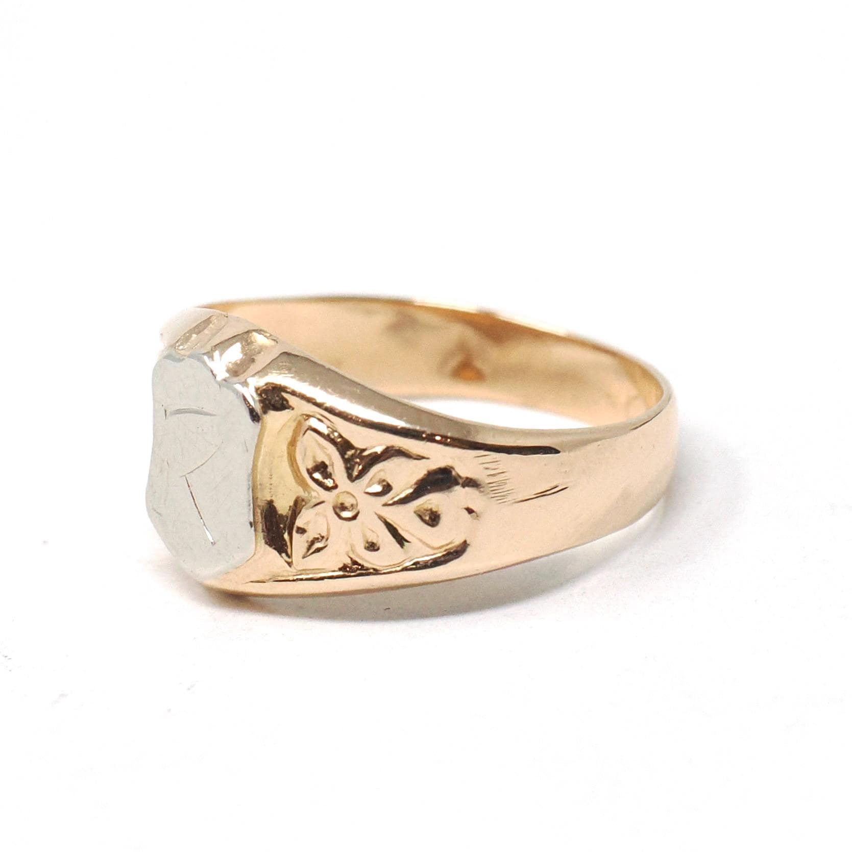 Vintage "R" Signet Ring - Estate 18k Yellow & White Gold Two Tone Shield Floral Midi Pinky - Modern Circa 1990s Size 2 Initial Fine Jewelry