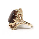 Vintage Fire Agate Ring - Art Nouveau Style 10k Yellow Gold Oval Iridescent Brown Gemstone - 1970s Size 5 Nature Inspired Fine Jewelry