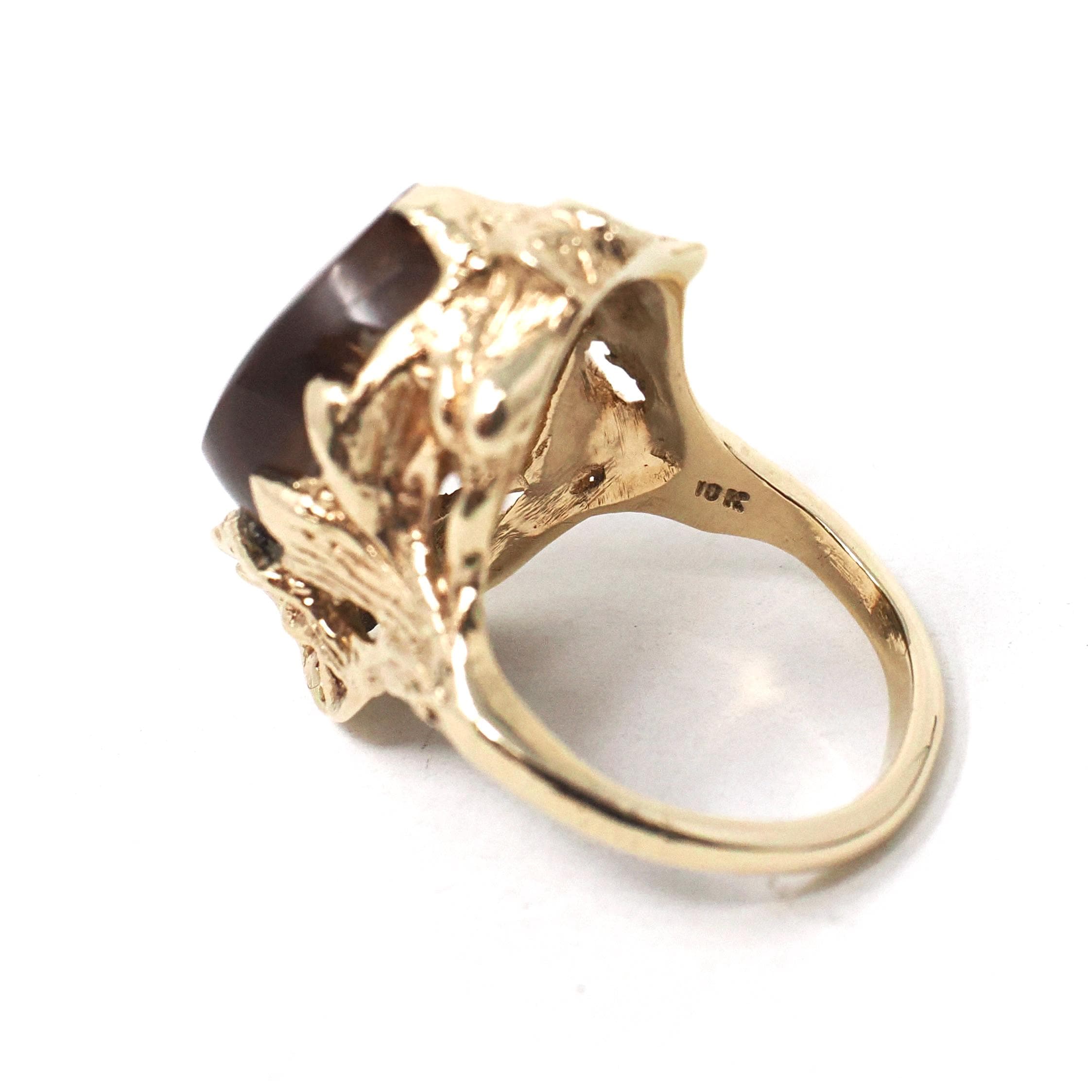 Vintage Fire Agate Ring - Art Nouveau Style 10k Yellow Gold Oval Iridescent Brown Gemstone - 1970s Size 5 Nature Inspired Fine Jewelry