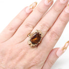 Vintage Fire Agate Ring - Art Nouveau Style 10k Yellow Gold Oval Iridescent Brown Gemstone - 1970s Size 5 Nature Inspired Fine Jewelry