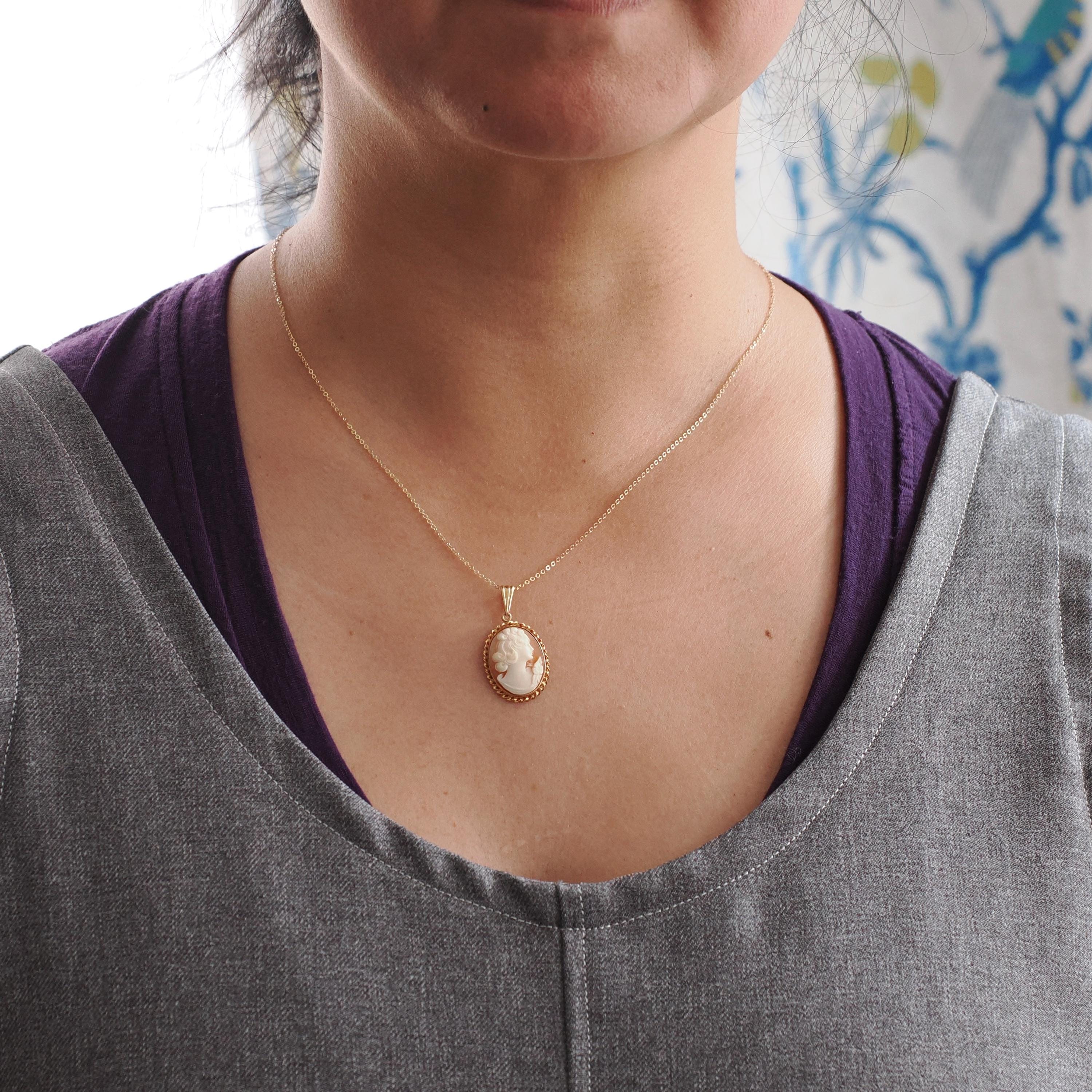 Vintage Cameo Necklace - Retro 10k Yellow Gold Oval Carved Shell Woman's Profile Pendant - Circa 1940s Era Statement Fine BDA 40s Jewelry