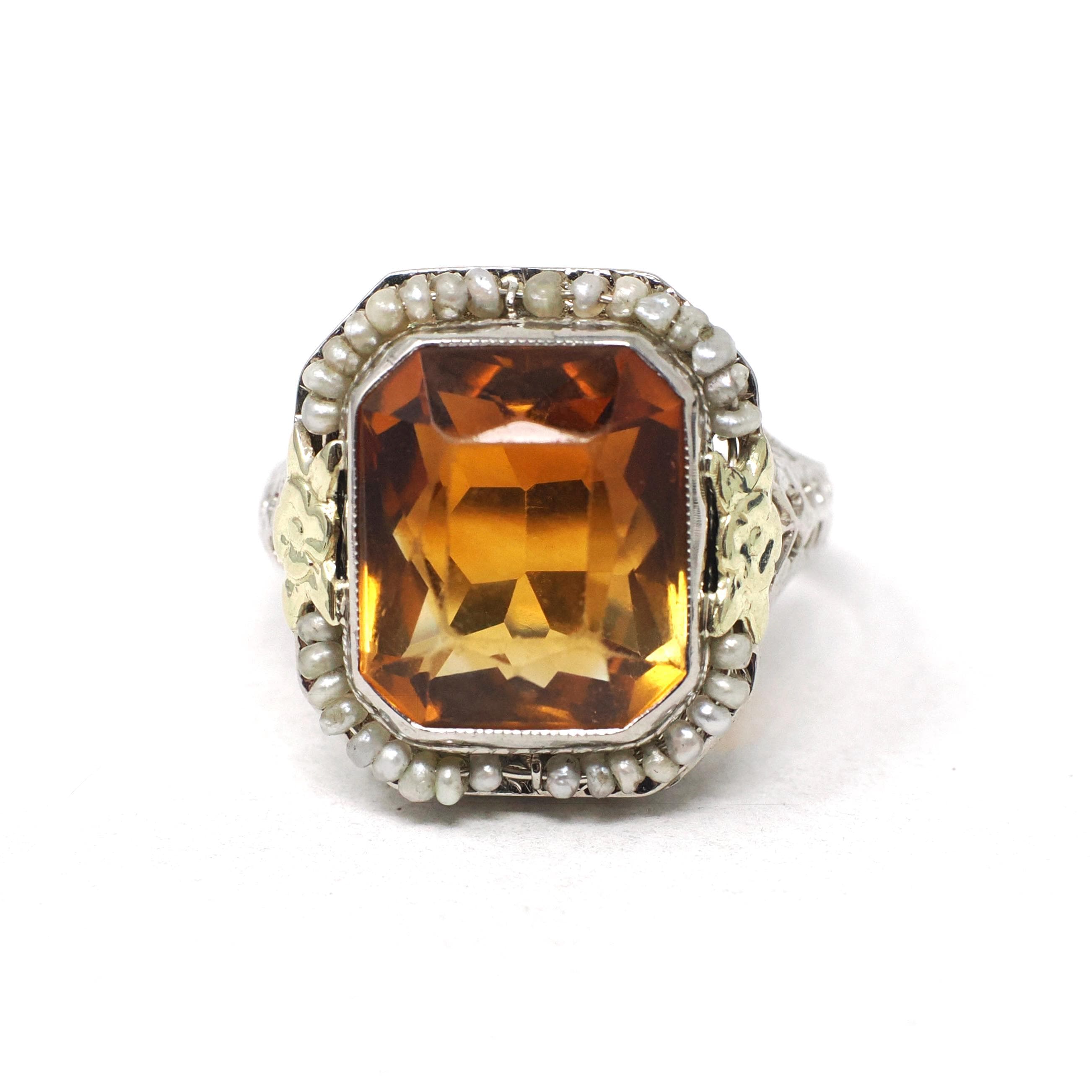 Art Deco Citrine Ring - Vintage 14k White Gold Natural Orange Gemstone Seed Pearl Halo - Circa 1930s Era Size 6 1/4 Cocktail Fine Jewelry