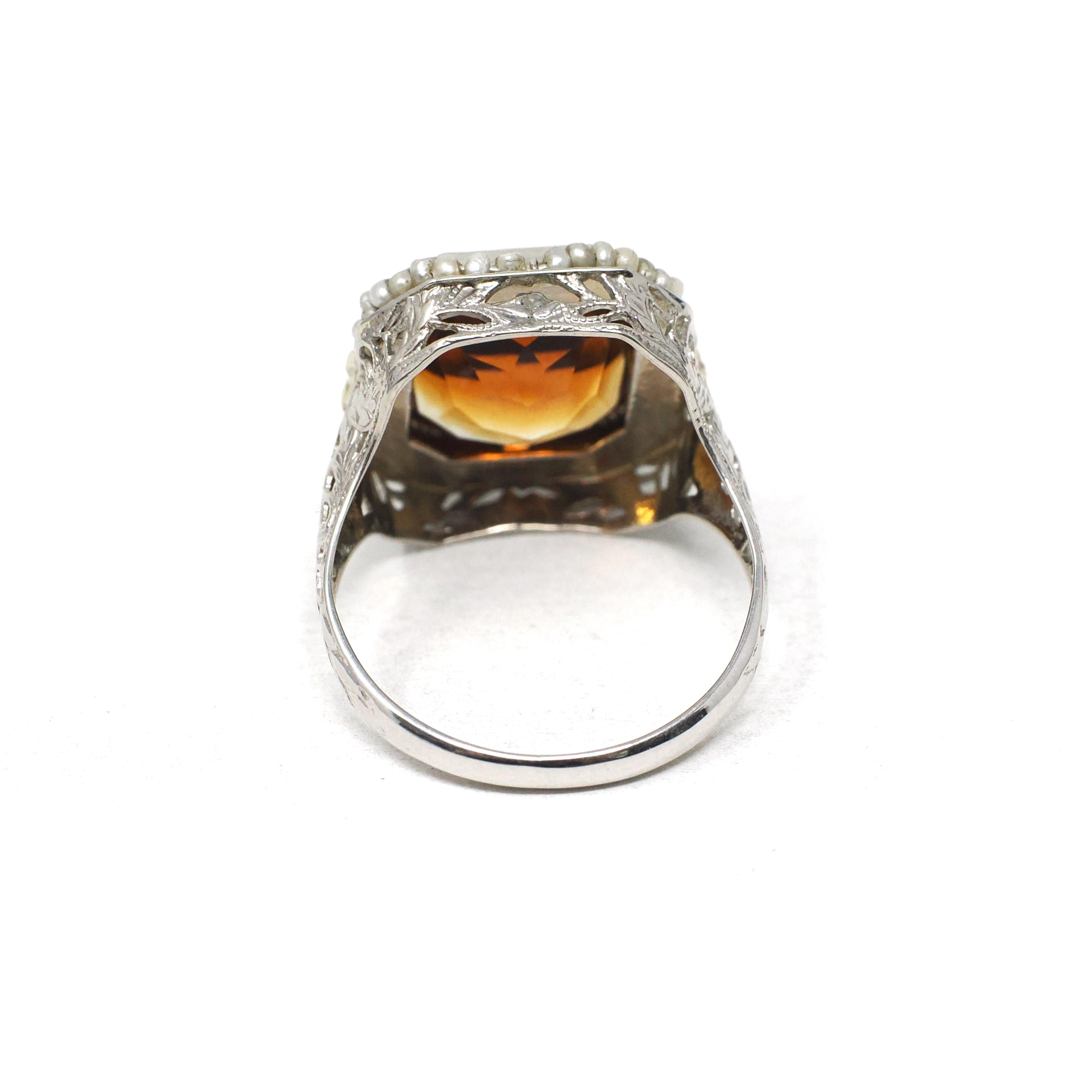 Art Deco Citrine Ring - Vintage 14k White Gold Natural Orange Gemstone Seed Pearl Halo - Circa 1930s Era Size 6 1/4 Cocktail Fine Jewelry