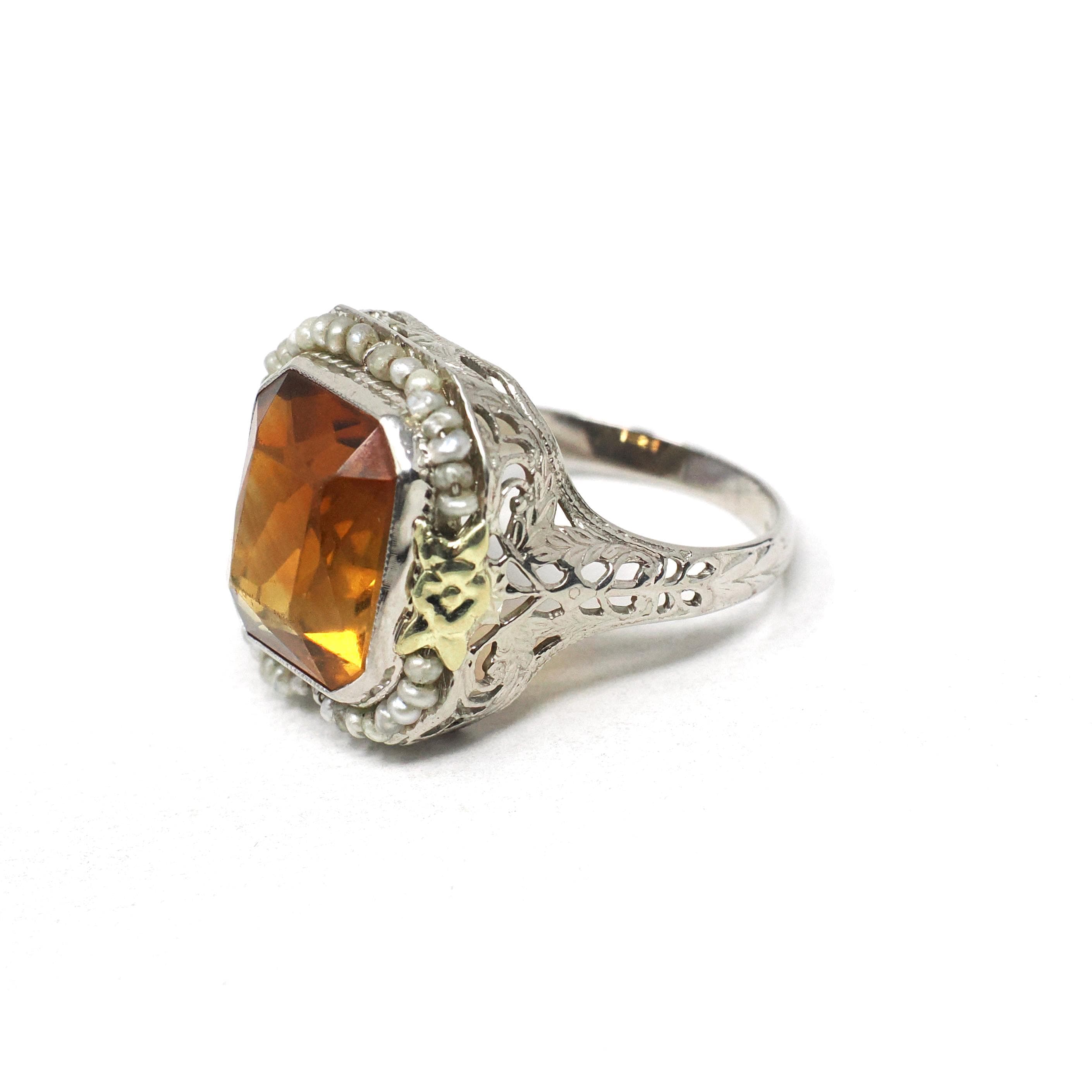 Art Deco Citrine Ring - Vintage 14k White Gold Natural Orange Gemstone Seed Pearl Halo - Circa 1930s Era Size 6 1/4 Cocktail Fine Jewelry