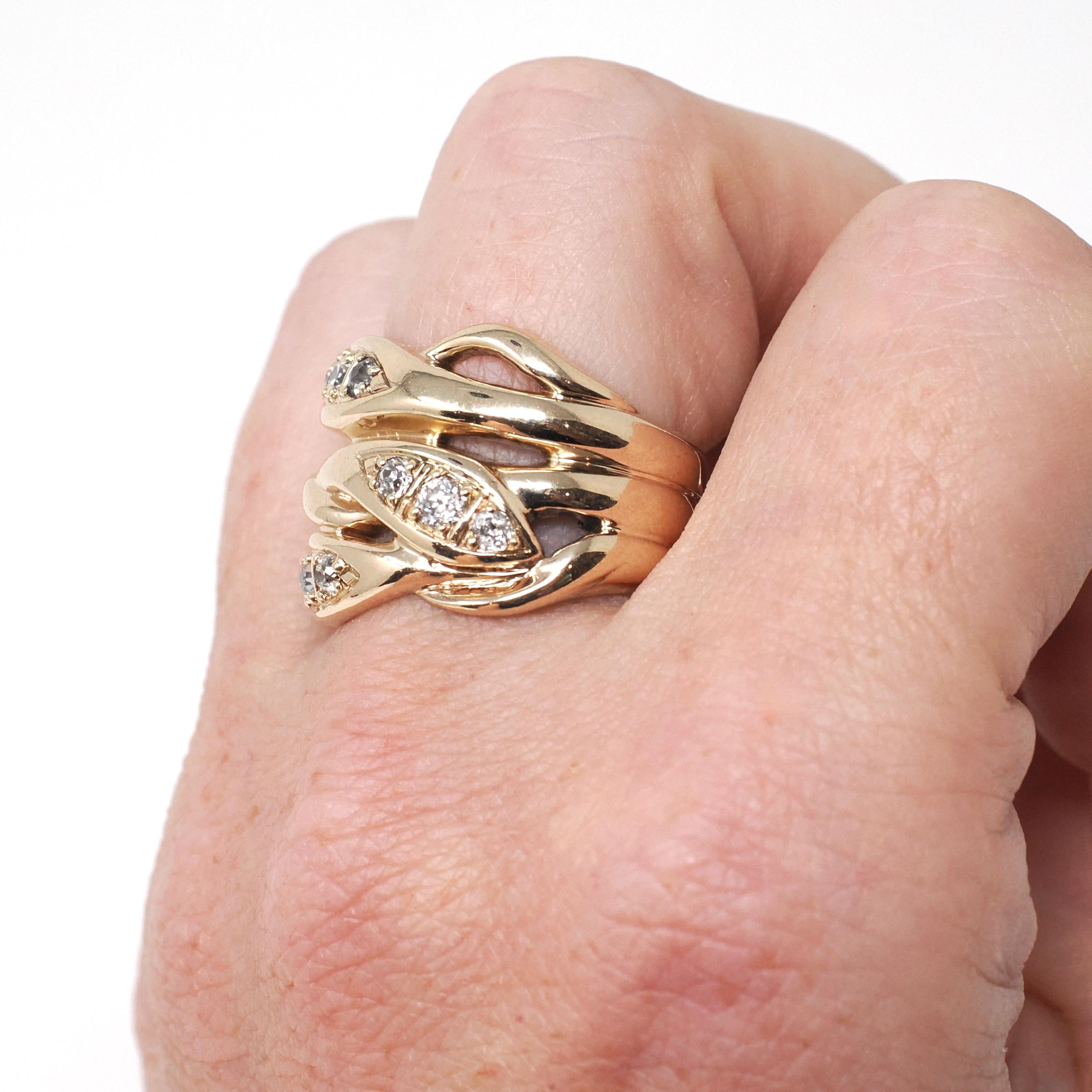 Antique Triple Snake Ring - Edwardian Era 10k Yellow Gold Three Serpent .53 CTW Old European Diamonds - Circa 1910s Size 6 1/2 Fine Jewelry