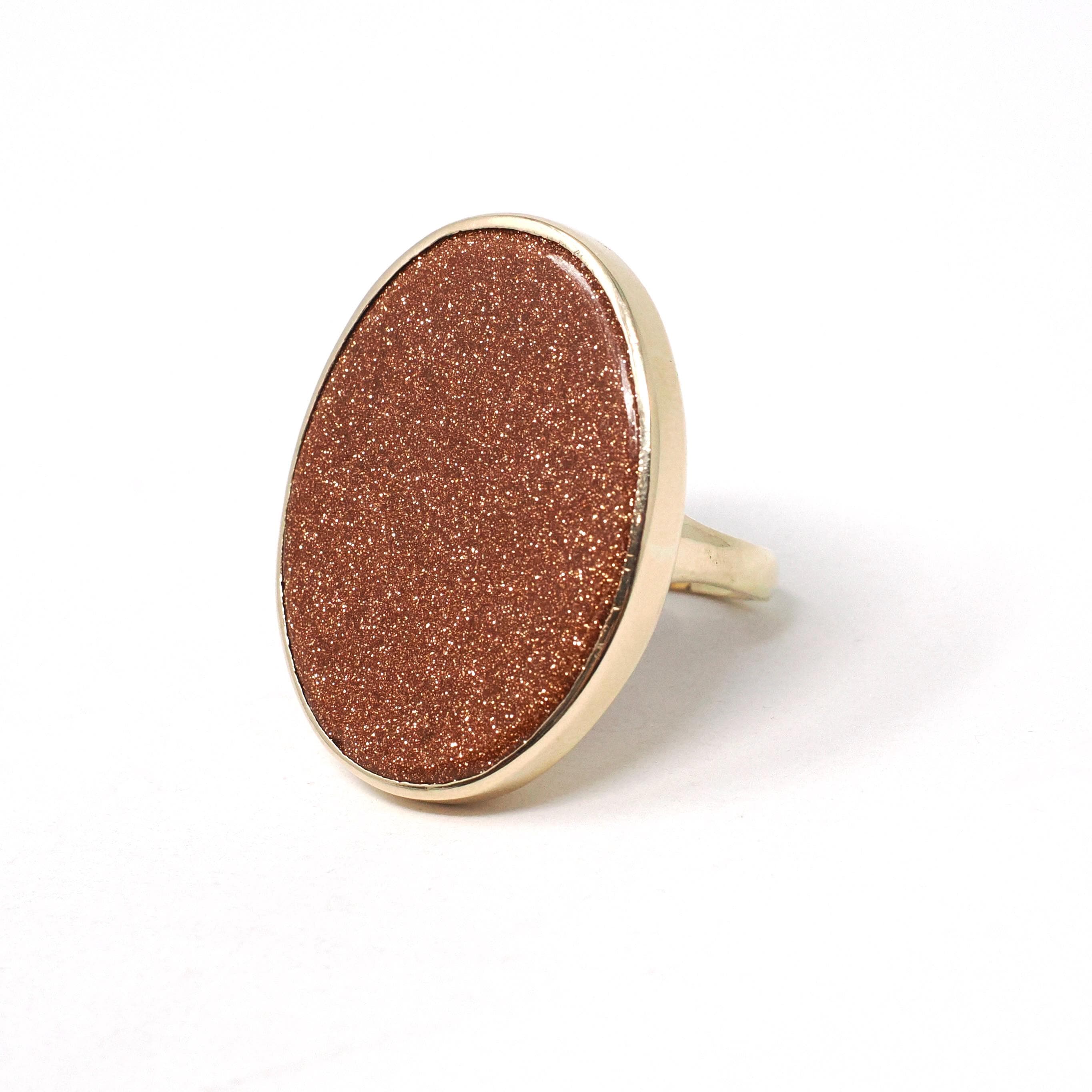 Retro Goldstone Ring - Vintage 10k Yellow Gold Bezel Set Oval Glittering Orange Solitaire Statement - Circa 1960s Era Size 6.25 Fine Jewelry