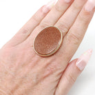 Retro Goldstone Ring - Vintage 10k Yellow Gold Bezel Set Oval Glittering Orange Solitaire Statement - Circa 1960s Era Size 6.25 Fine Jewelry