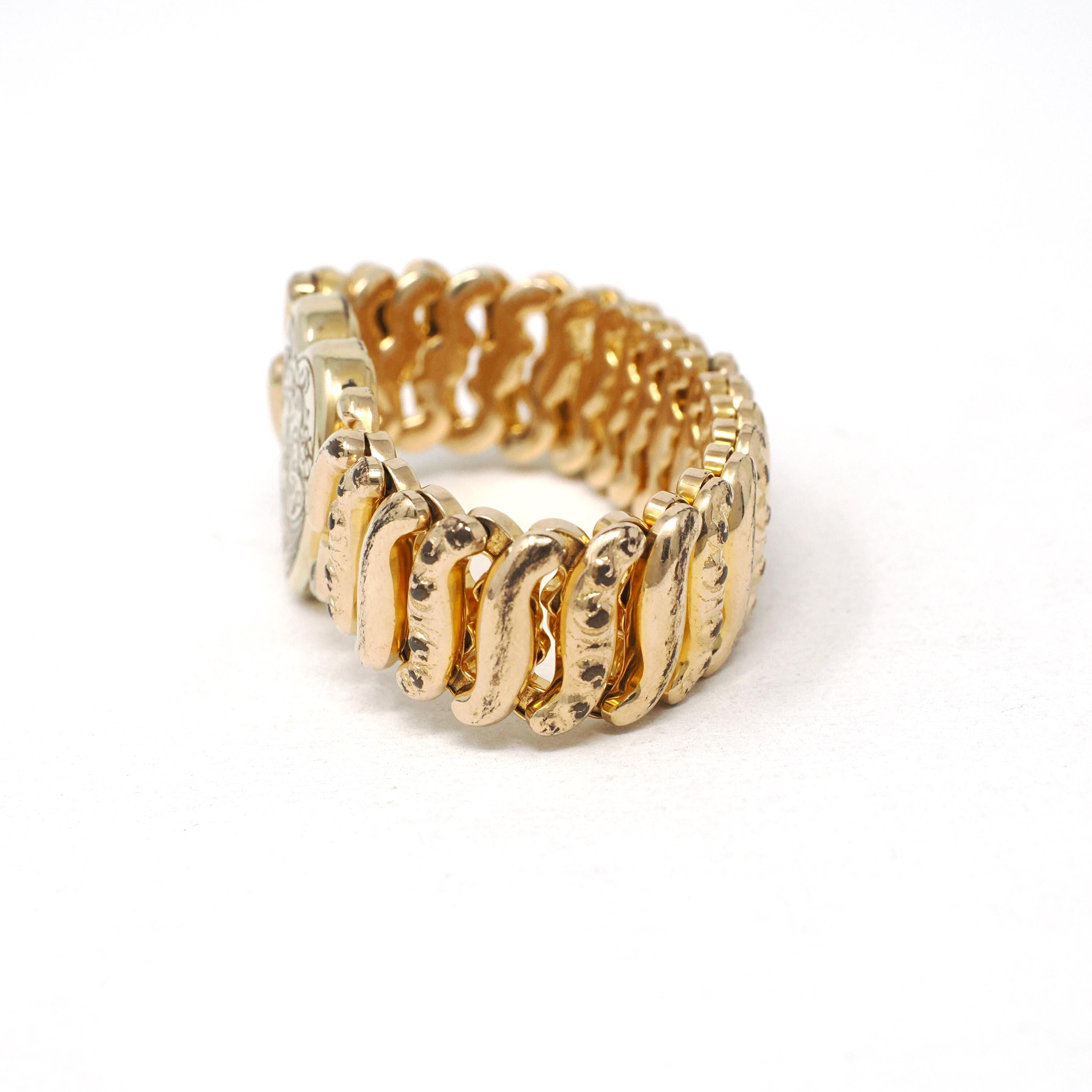 Vintage Expansion Bracelet - Mid Century Gold Filled Heart Engraved Flower Stretch - Circa 1940s Era American Queen Pitman & Keeler Jewelry