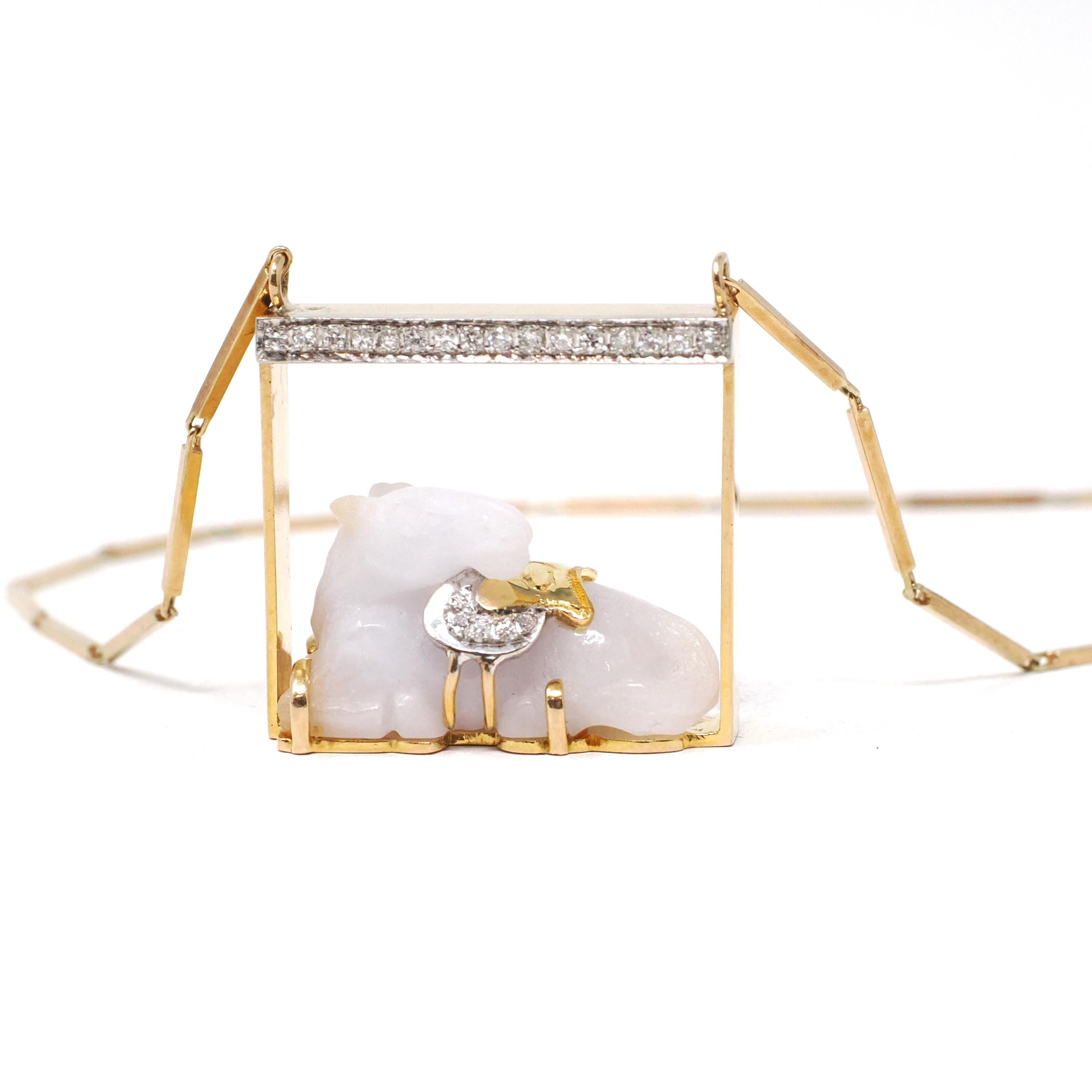 Vintage Horse Necklace - Retro 14k Yellow Gold Natural Jadeite Jade Figural Pendant - Circa 1970's Era Diamond Accented Animal Fine Jewelry