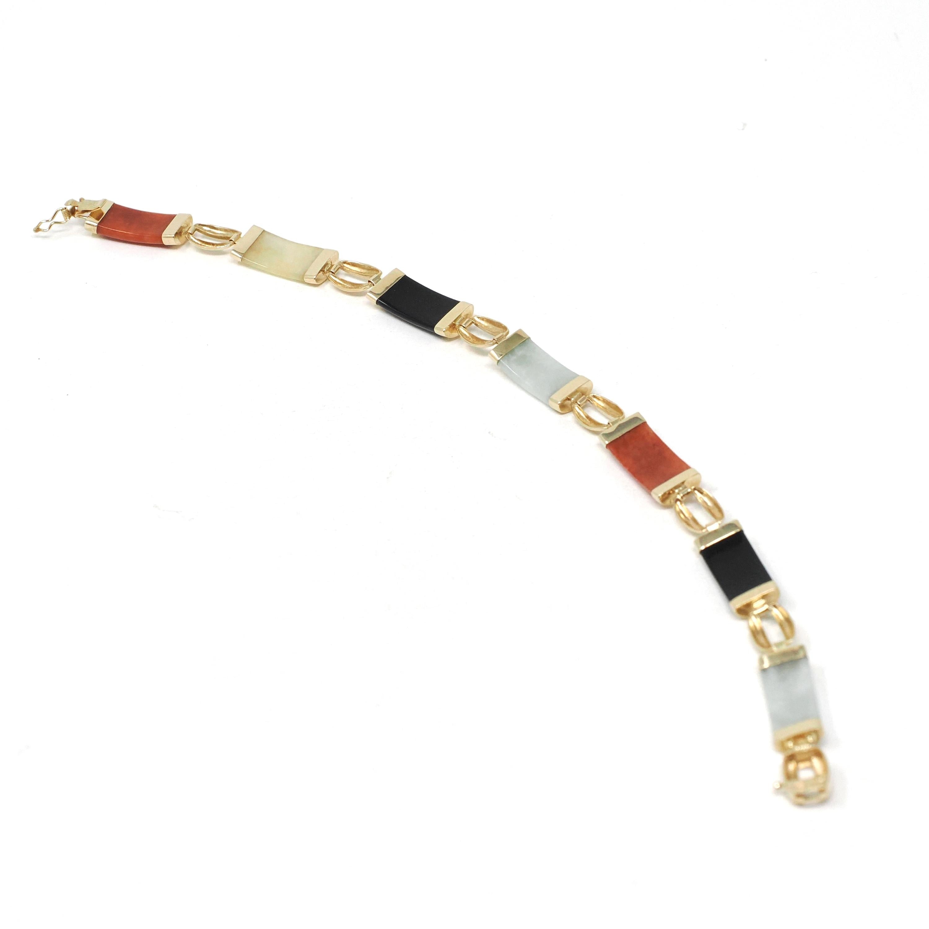 Multi Gemstone Bracelet - Modern Estate 14k Yellow Gold Jadeite & Black Chalcedony - Circa 1990s Era 7.5 Inches Fine Statement Jewelry