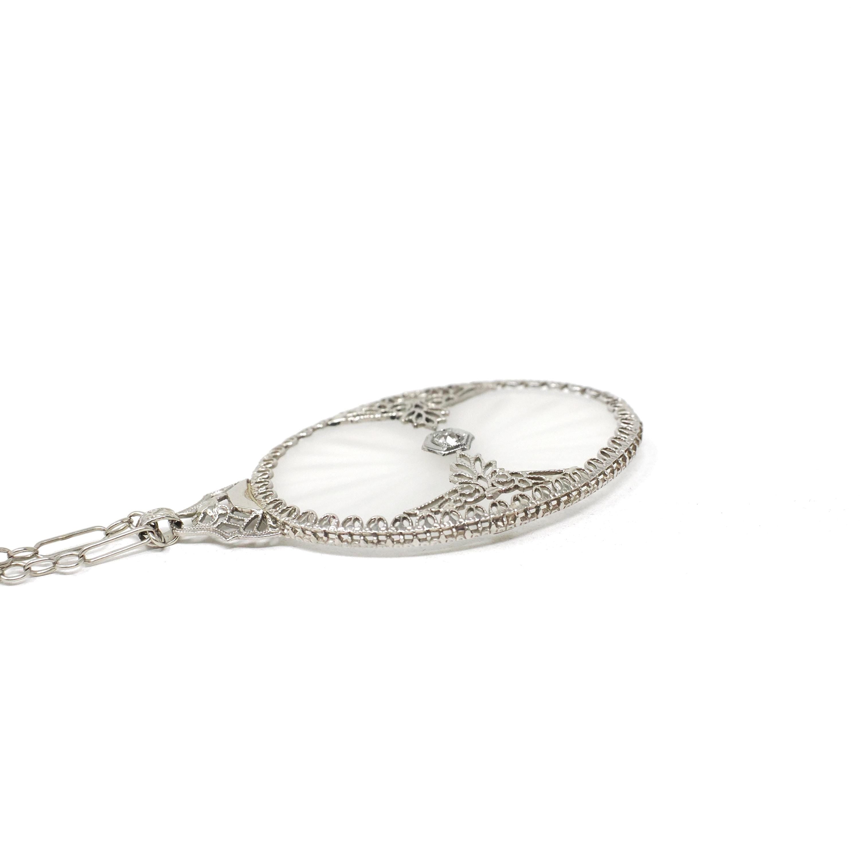 Rock Crystal Quartz Necklace - Art Deco 14k White Gold Oval Natural Diamond Pendant - Antique Circa 1930s Statement Filigree Fine Jewelry