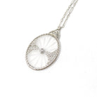 Rock Crystal Quartz Necklace - Art Deco 14k White Gold Oval Natural Diamond Pendant - Antique Circa 1930s Statement Filigree Fine Jewelry