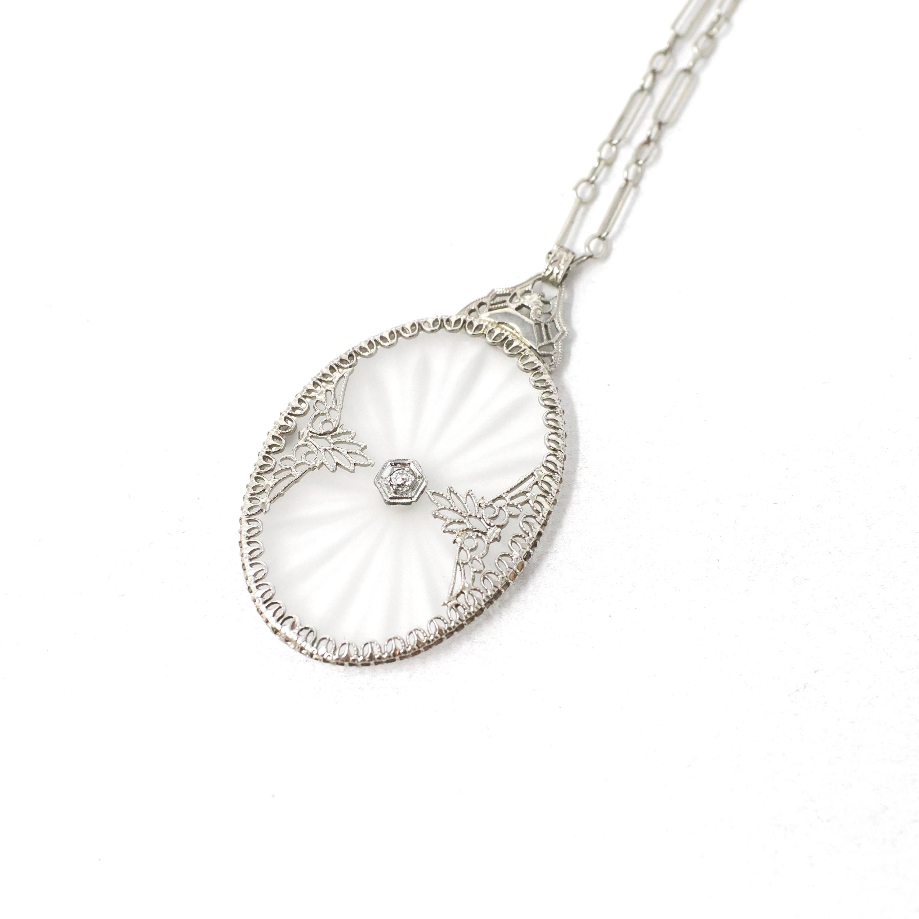 Rock Crystal Quartz Necklace - Art Deco 14k White Gold Oval Natural Diamond Pendant - Antique Circa 1930s Statement Filigree Fine Jewelry