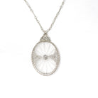 Rock Crystal Quartz Necklace - Art Deco 14k White Gold Oval Natural Diamond Pendant - Antique Circa 1930s Statement Filigree Fine Jewelry