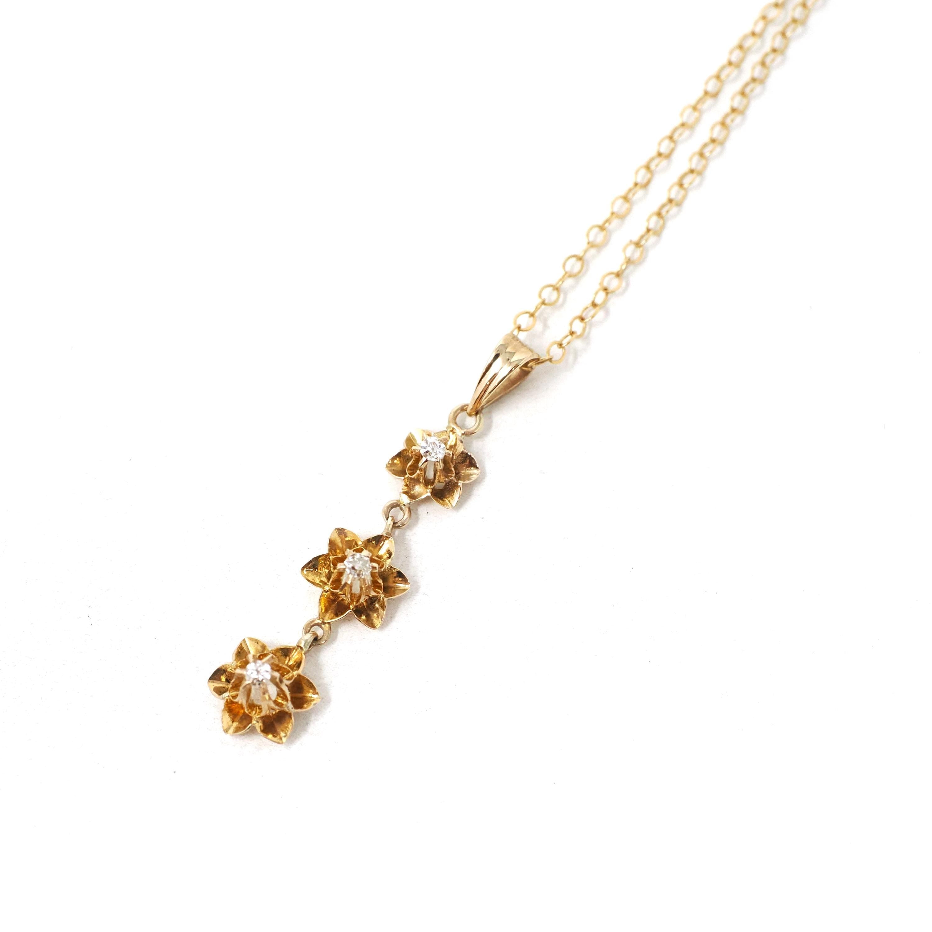 Antique Diamond Flower Pendant - Edwardian 10k Yellow Gold .04 CTW Buttercup Lavalier Drop Necklace - Circa 1910s Fine Floral Jewelry