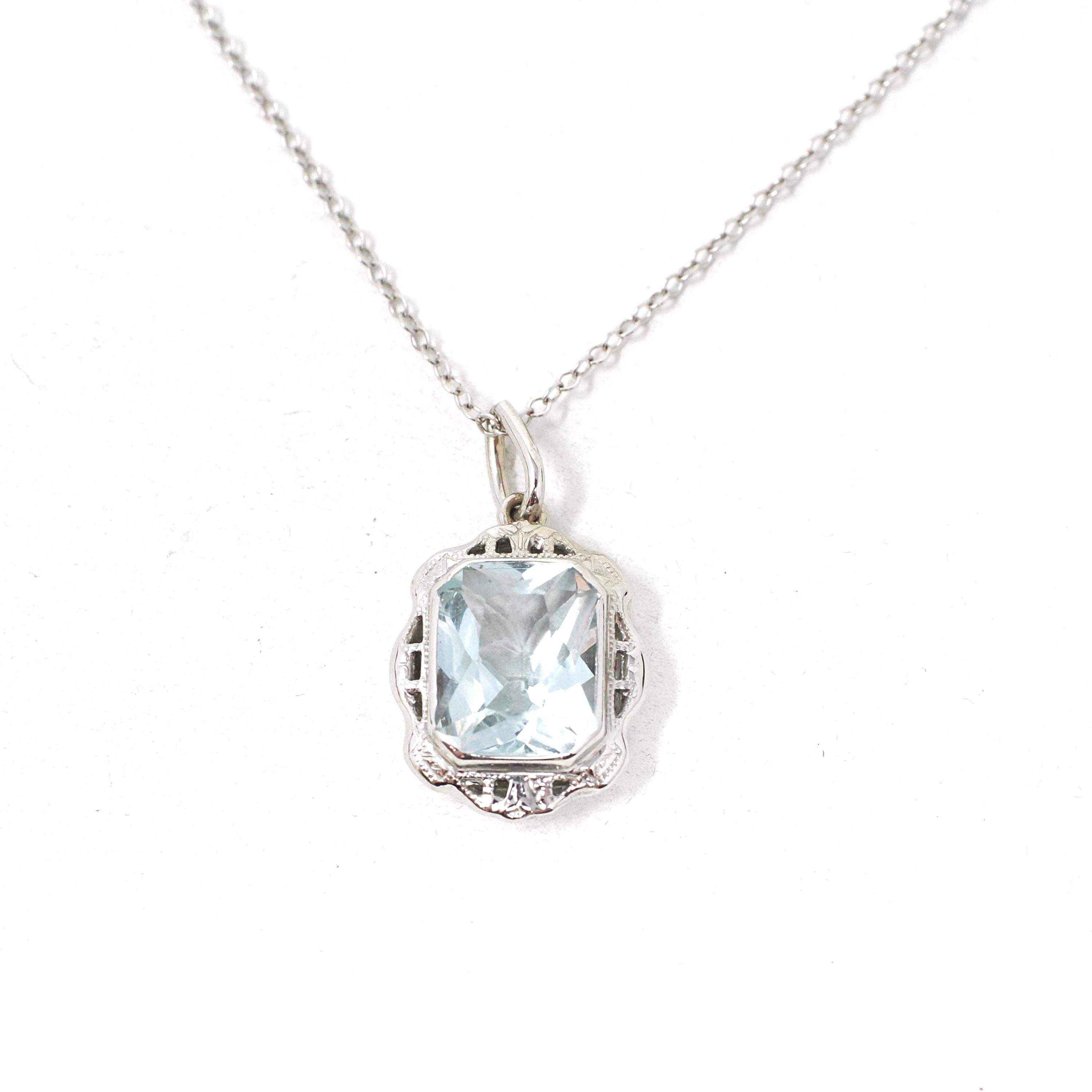 Vintage Aquamarine Pendant - Art Deco Era 10k White Gold Natural Blue Gem Conversion Charm Necklace - Circa 1930s Era Fine Filigree Jewelry