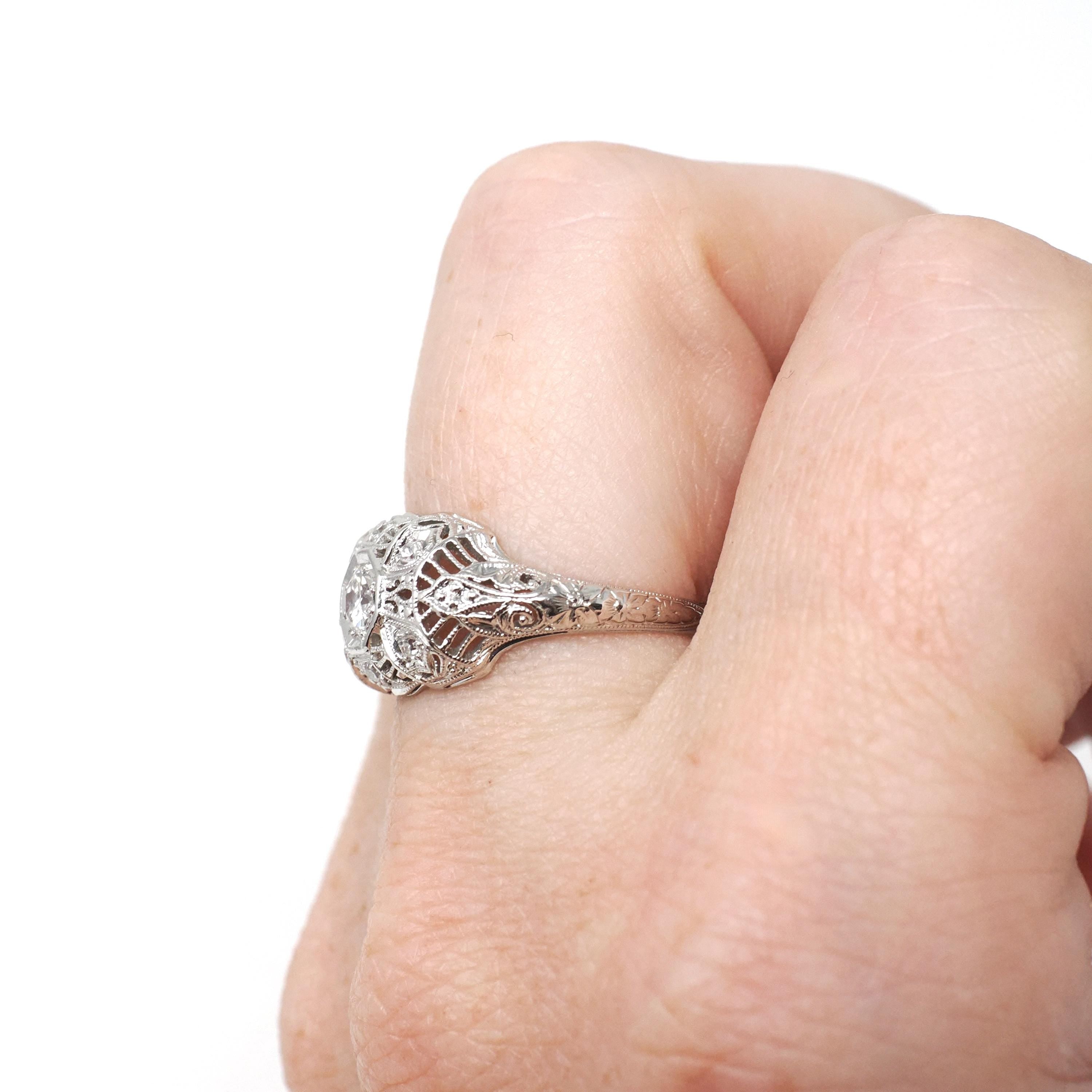 Art Deco Diamond Ring - Vintage 19k White Gold .25 CTW Filigree Engagement - Circa 1930s Era Bridal Size 5 3/4 Octagonal Fine Jewelry
