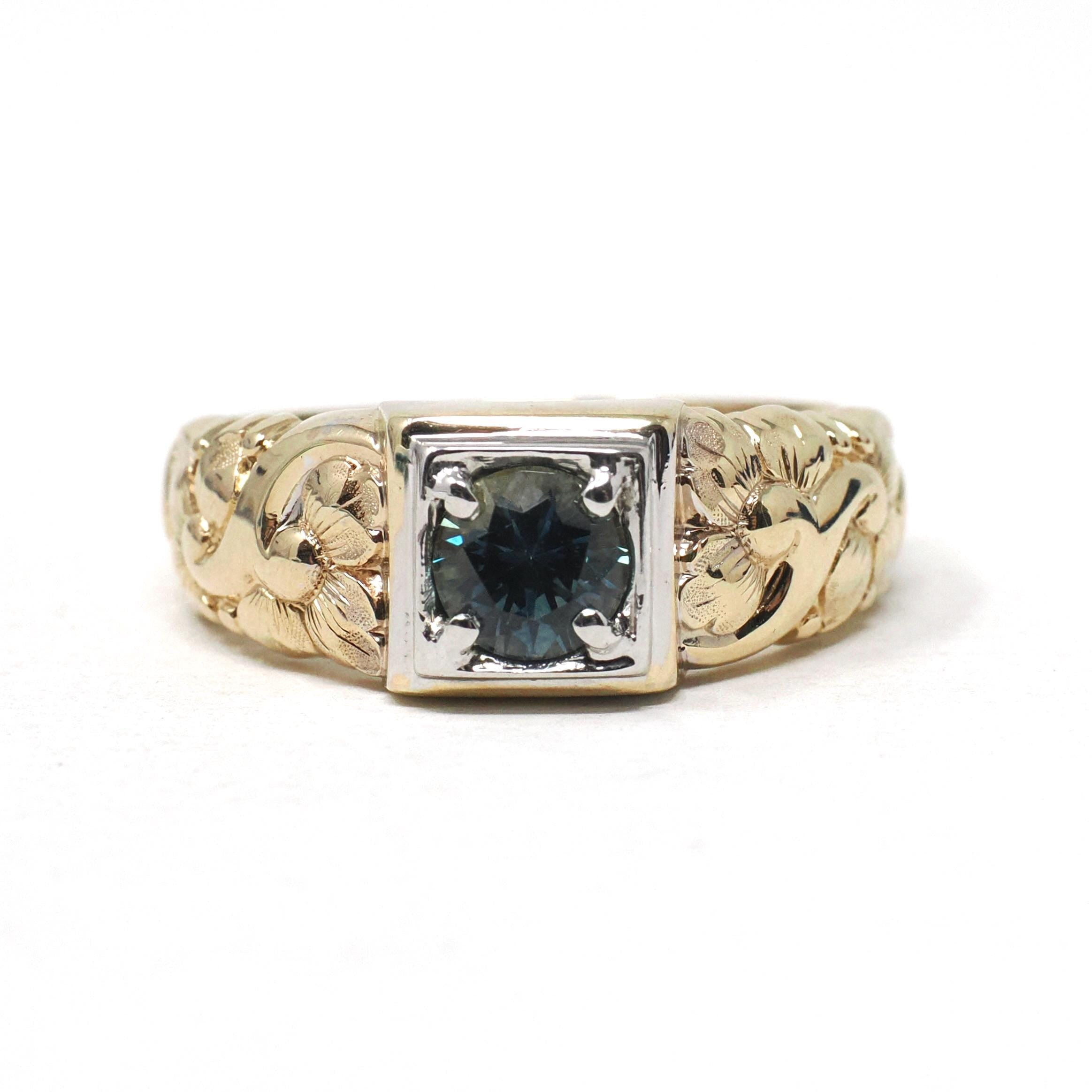 Montana Sapphire Ring - Vintage 14k Yellow & White Gold Natural Blue Gem Engagement - Circa 1960s Size 11 Two Tone Men's Unisex Fine Jewelry