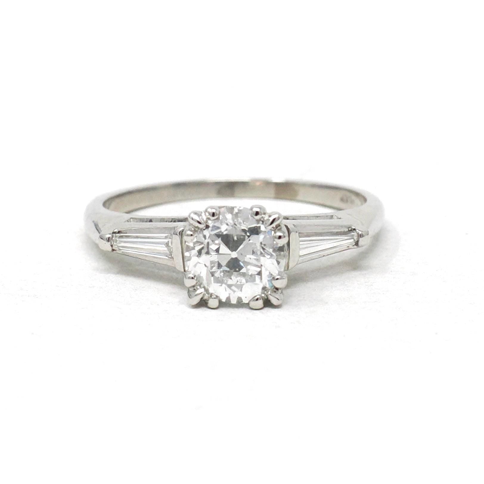 0.96 ct Diamond Engagement Ring - Circa 1950s Platinum Old European Cut & Baguette Diamonds - Size 7 1/4 Mid Century Era Fine Bridal Jewelry