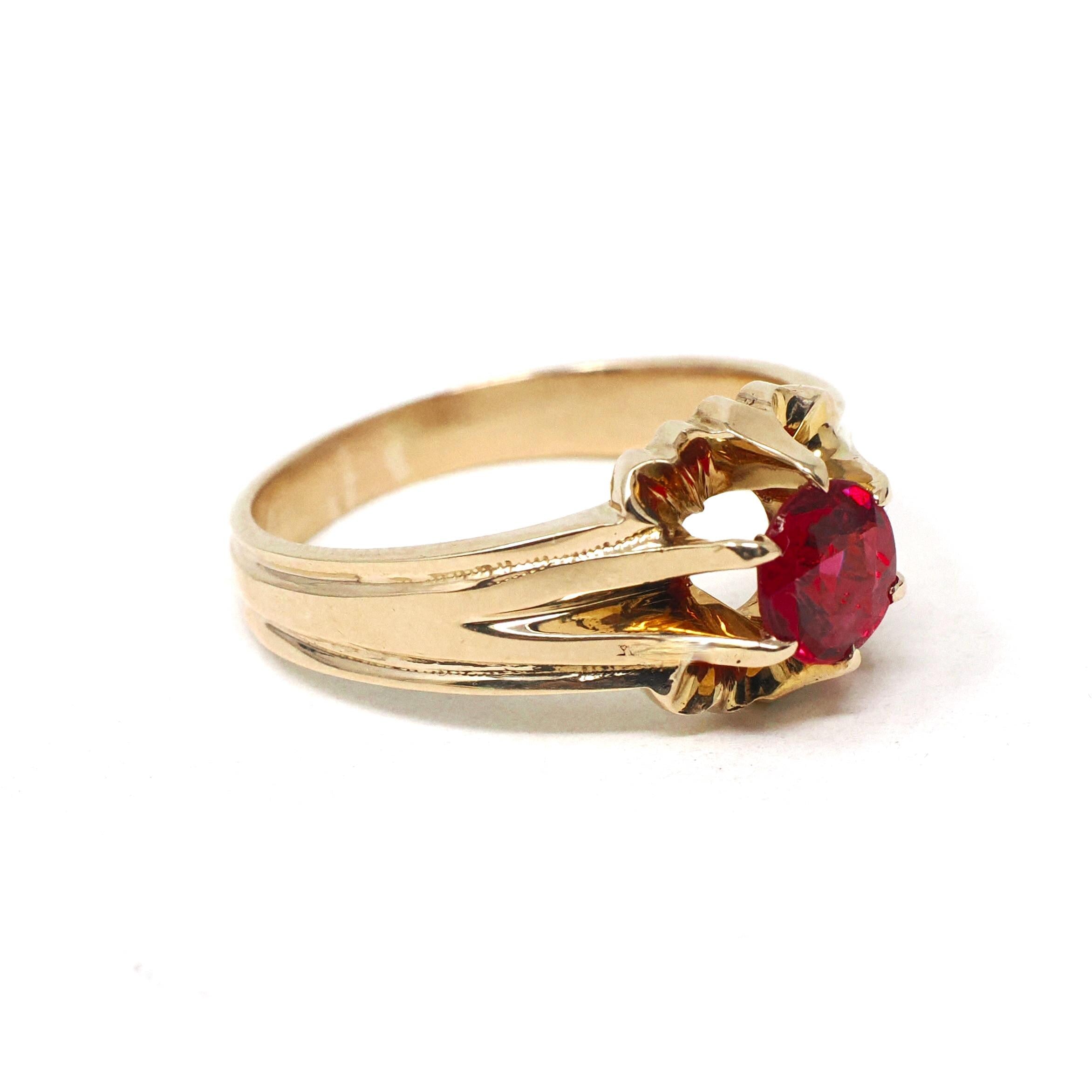 Garnet Doublet Ring - Mid Century 10k Yellow Gold Round Assembled Red Glass Stone - Vintage Circa 1940s Size 10 1/2 Belcher Style Jewelry