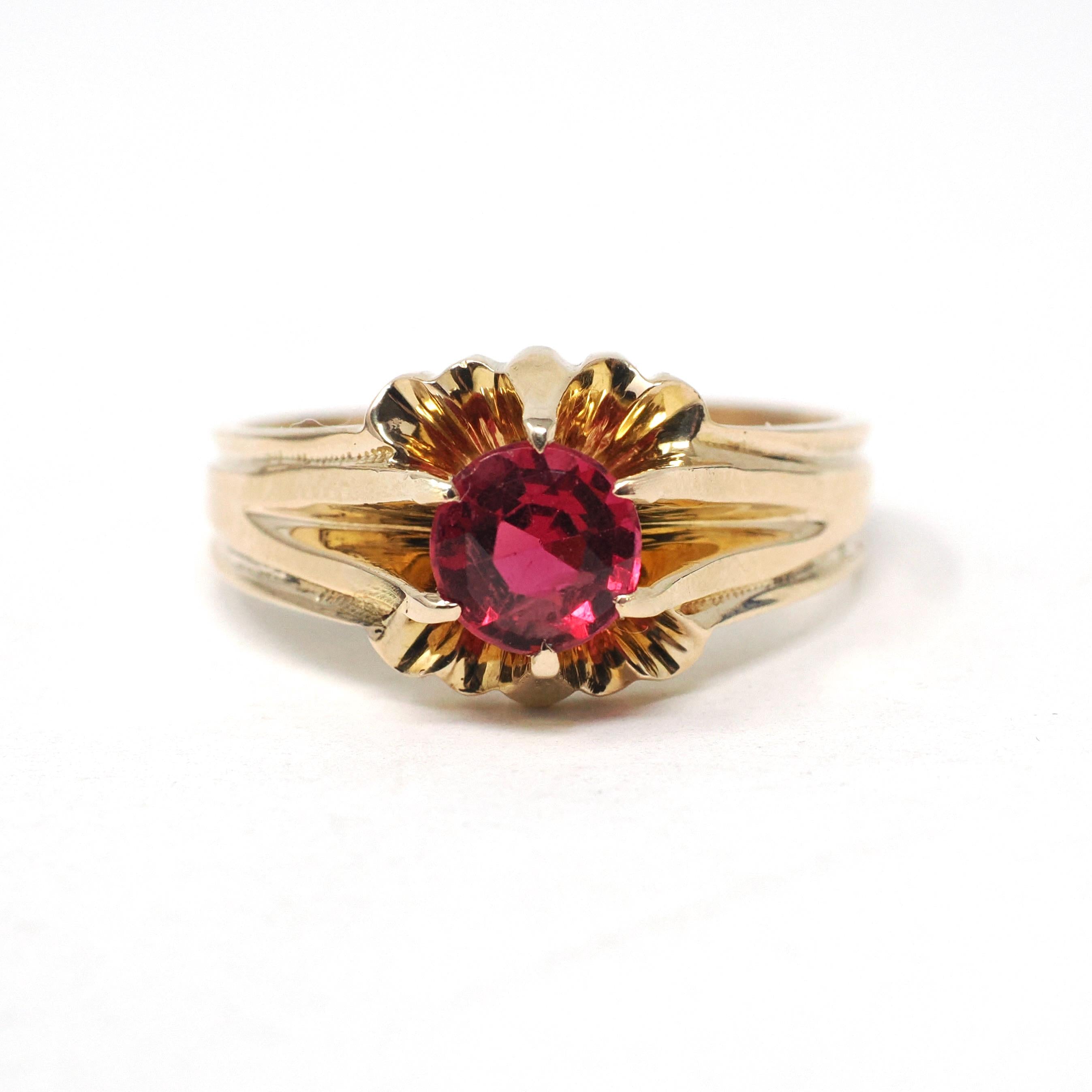 Garnet Doublet Ring - Mid Century 10k Yellow Gold Round Assembled Red Glass Stone - Vintage Circa 1940s Size 10 1/2 Belcher Style Jewelry