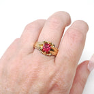 Garnet Doublet Ring - Mid Century 10k Yellow Gold Round Assembled Red Glass Stone - Vintage Circa 1940s Size 10 1/2 Belcher Style Jewelry