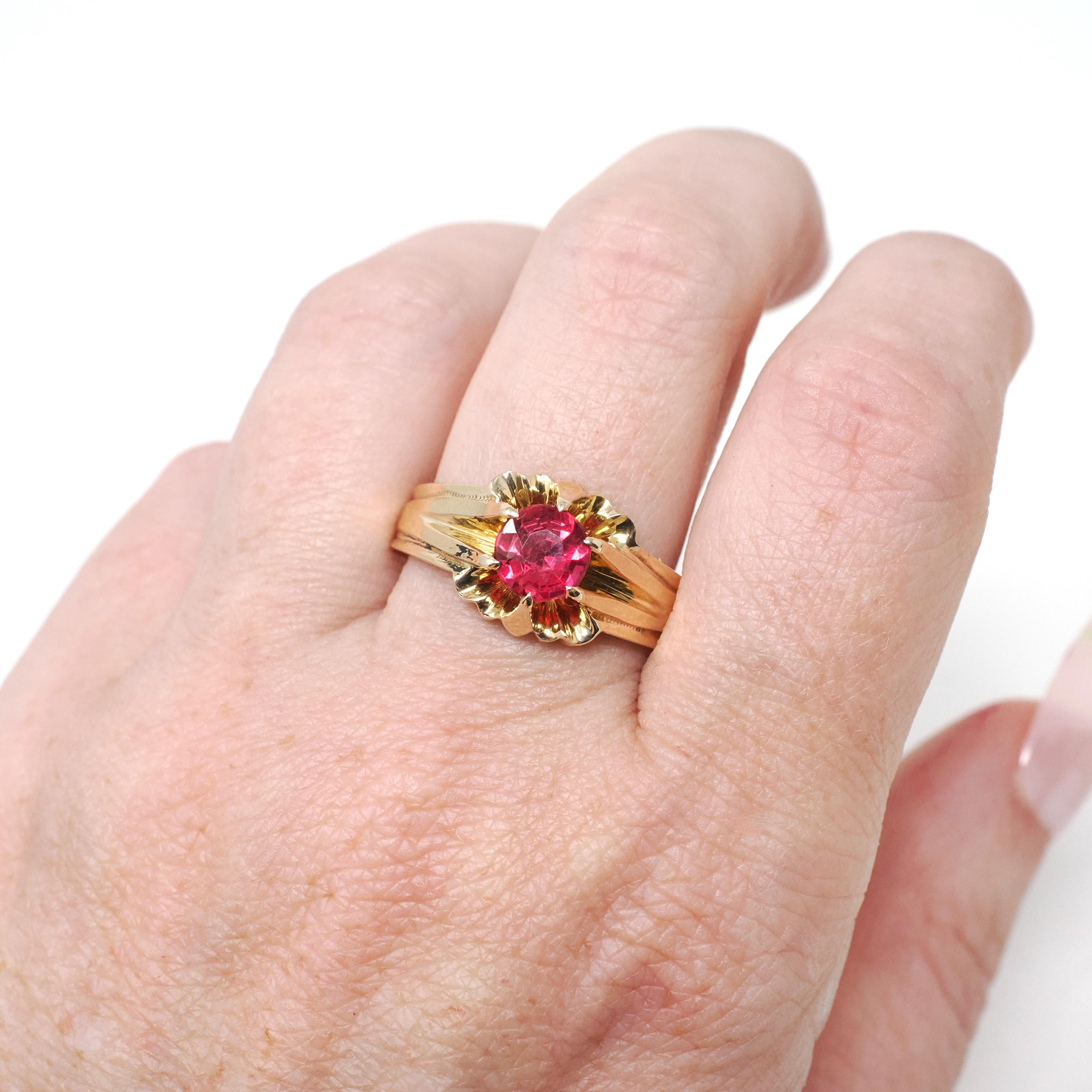 Garnet Doublet Ring - Mid Century 10k Yellow Gold Round Assembled Red Glass Stone - Vintage Circa 1940s Size 10 1/2 Belcher Style Jewelry