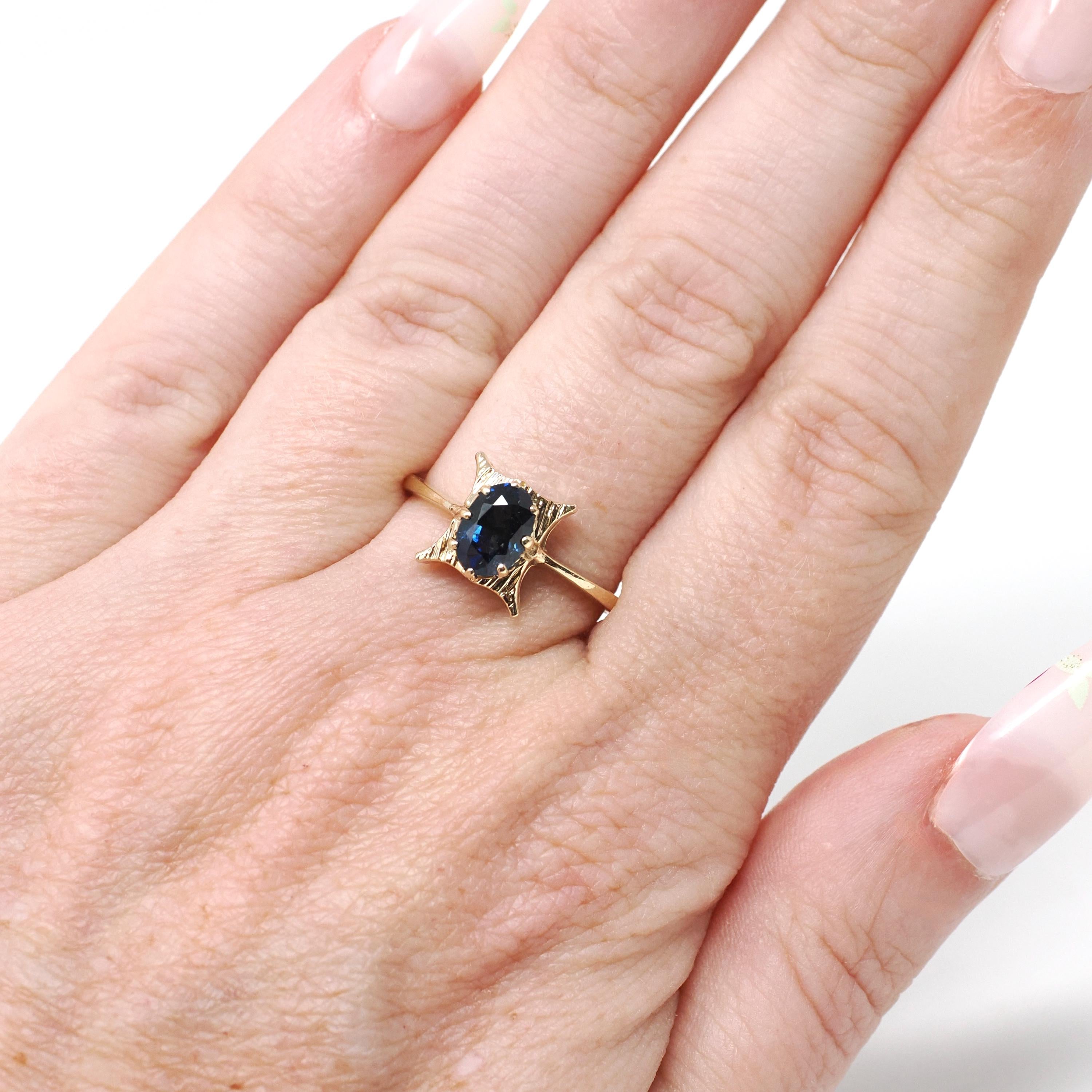 Vintage Sapphire Ring - Retro 14k Yellow Gold Natural Blue Oval Gem Solitaire - Circa 1970s Size 6 3/4 Alternative Engagement Fine Jewelry
