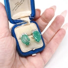 Carved Emerald Earrings - Art Deco Platinum & 14k White Gold Natural Leaf Gemstone Diamond Accent - Circa 1930's Fine May Birthstone Jewelry