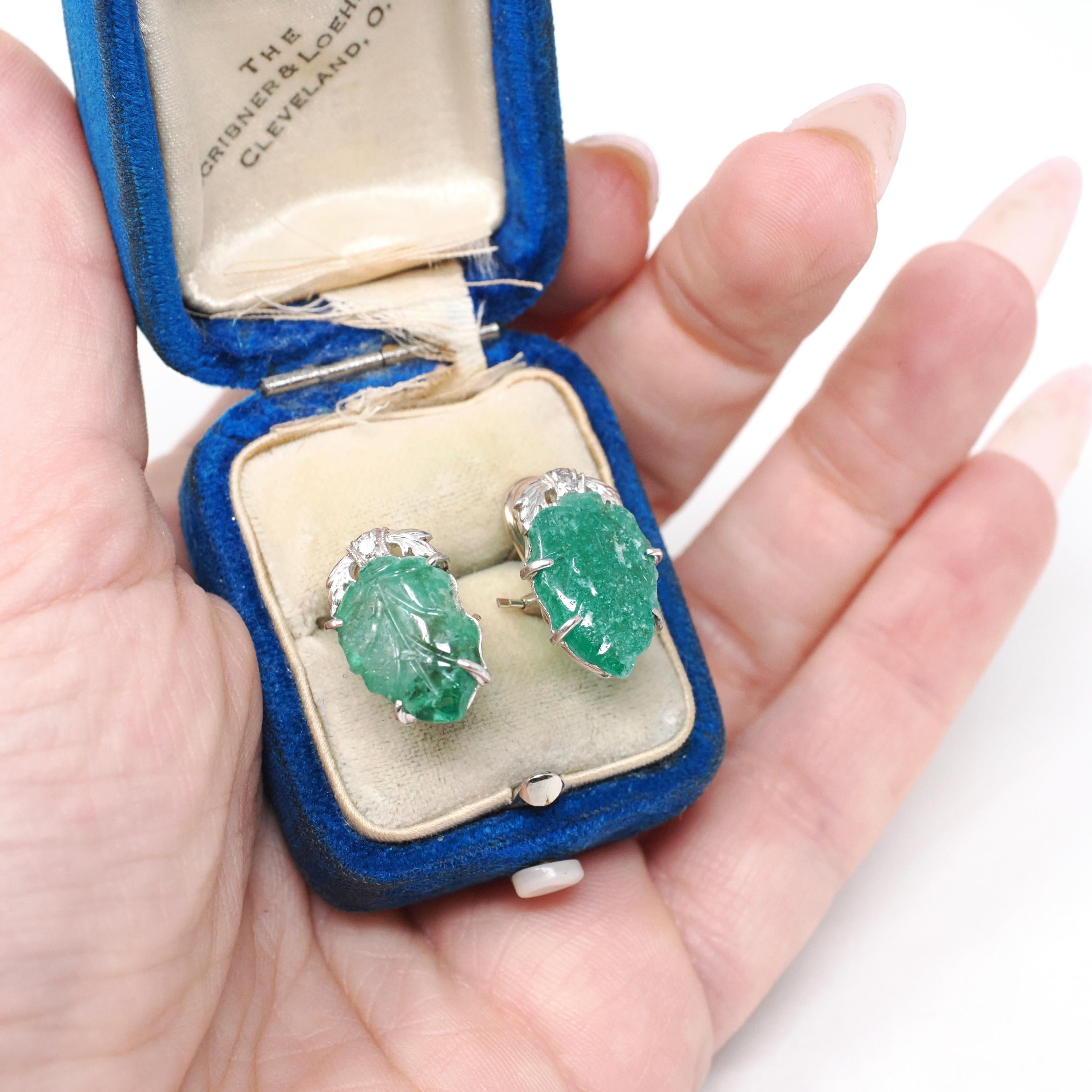 Carved Emerald Earrings - Art Deco Platinum & 14k White Gold Natural Leaf Gemstone Diamond Accent - Circa 1930's Fine May Birthstone Jewelry